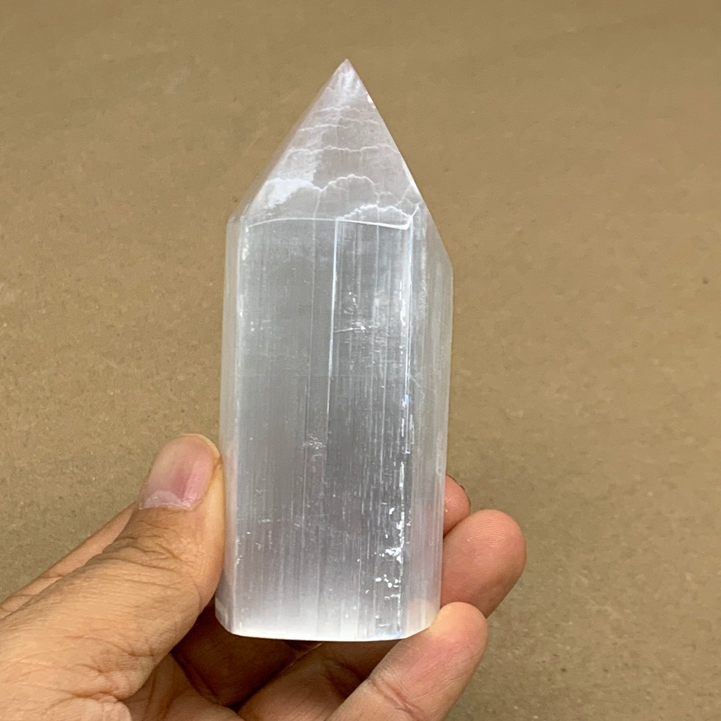 202g, 3.8"x1.6", Selenite (Satin Spar) Crystal Tower Point, B36034