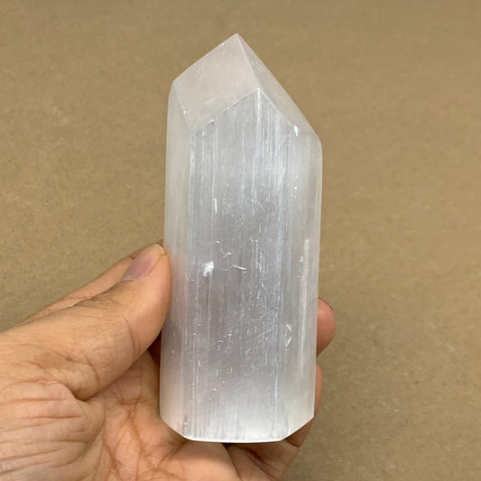 208.9g, 3.9"x1.6", Selenite (Satin Spar) Crystal Tower Point, B36035