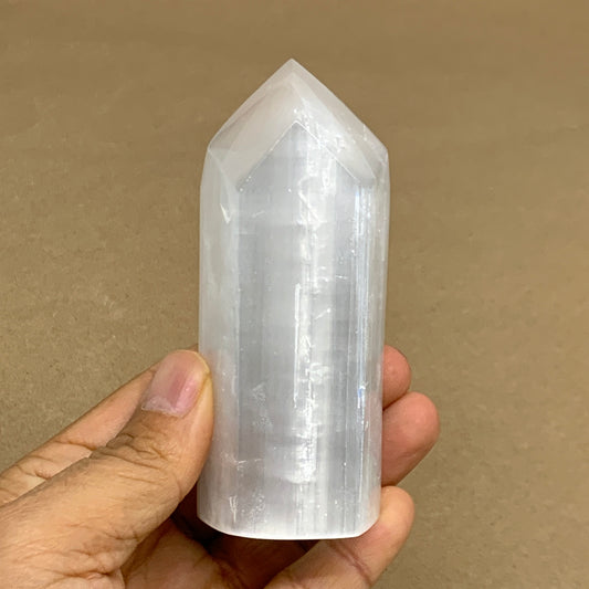 212.6g, 3.9"x1.5", Selenite (Satin Spar) Crystal Tower Point, B36038