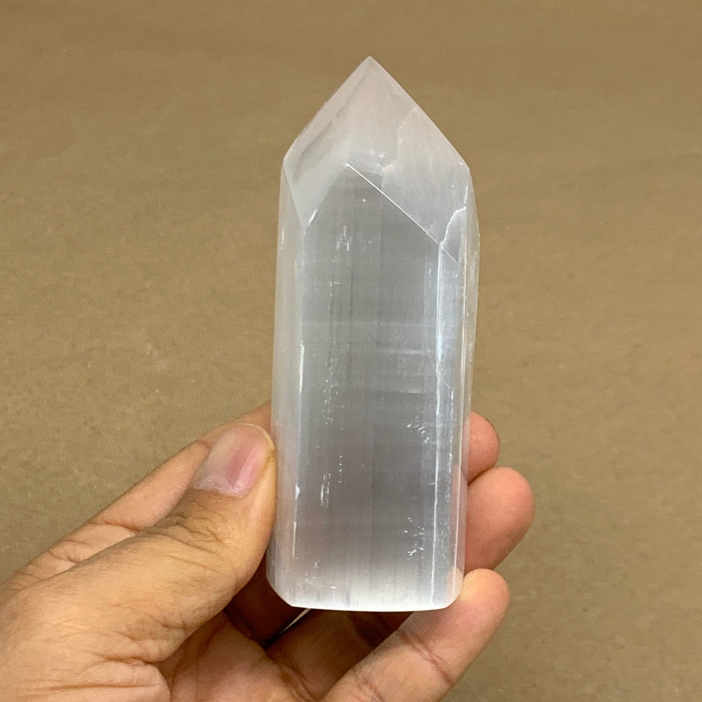 203g, 3.8"x1.6", Selenite (Satin Spar) Crystal Tower Point, B36040