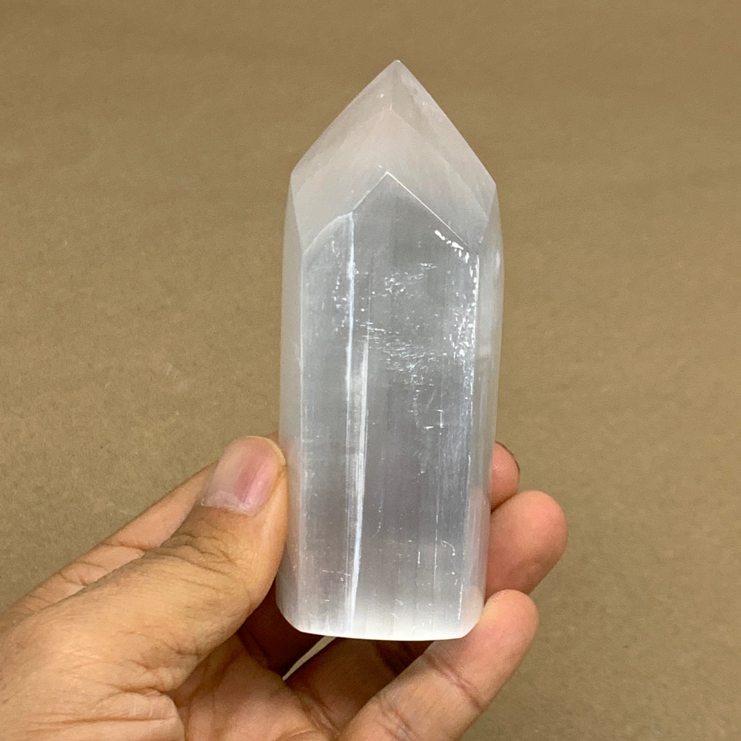 203g, 3.8"x1.6", Selenite (Satin Spar) Crystal Tower Point, B36040