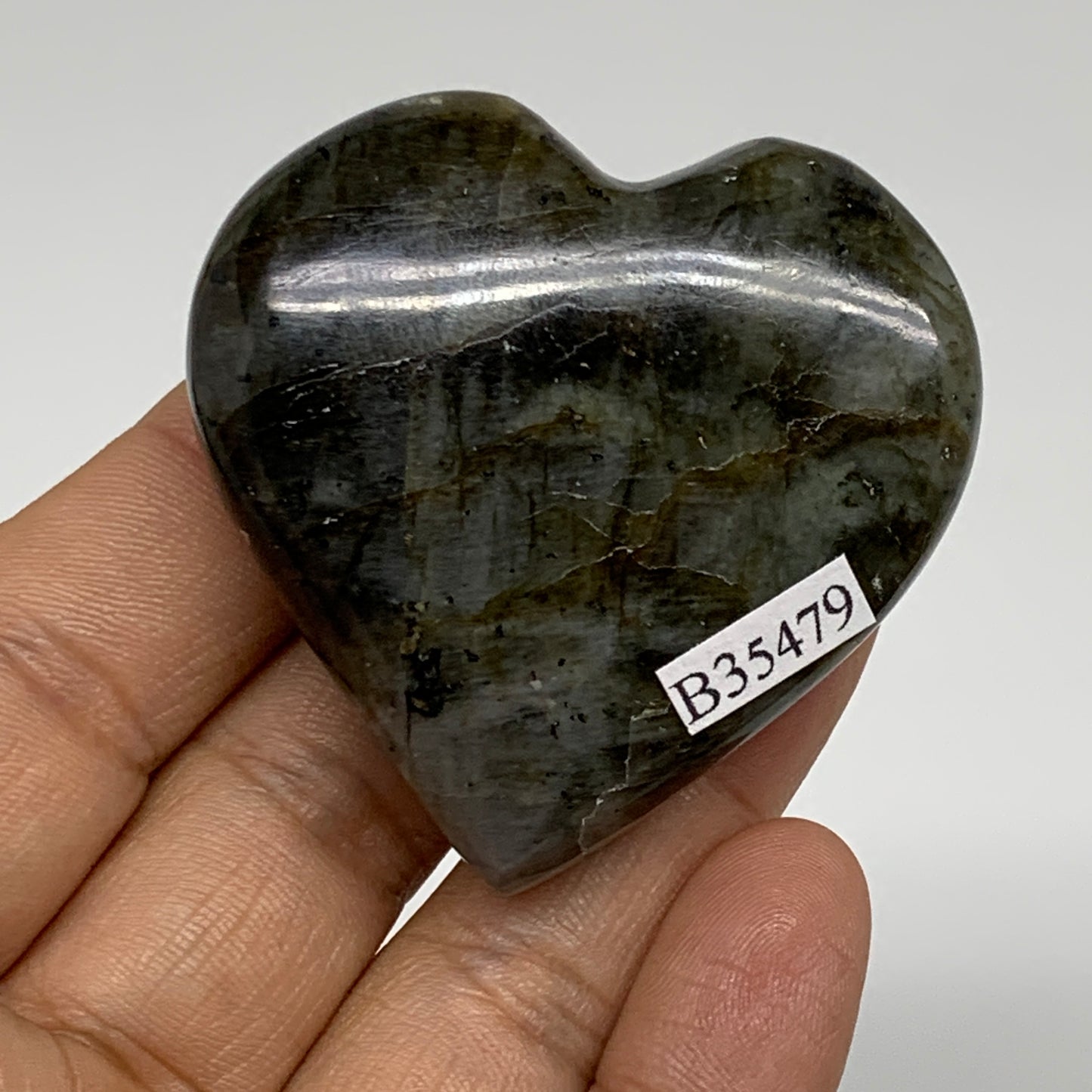 71.4g, 2"x2"x0.8", Natural Labradorite Heart Polished Crystal, B35479