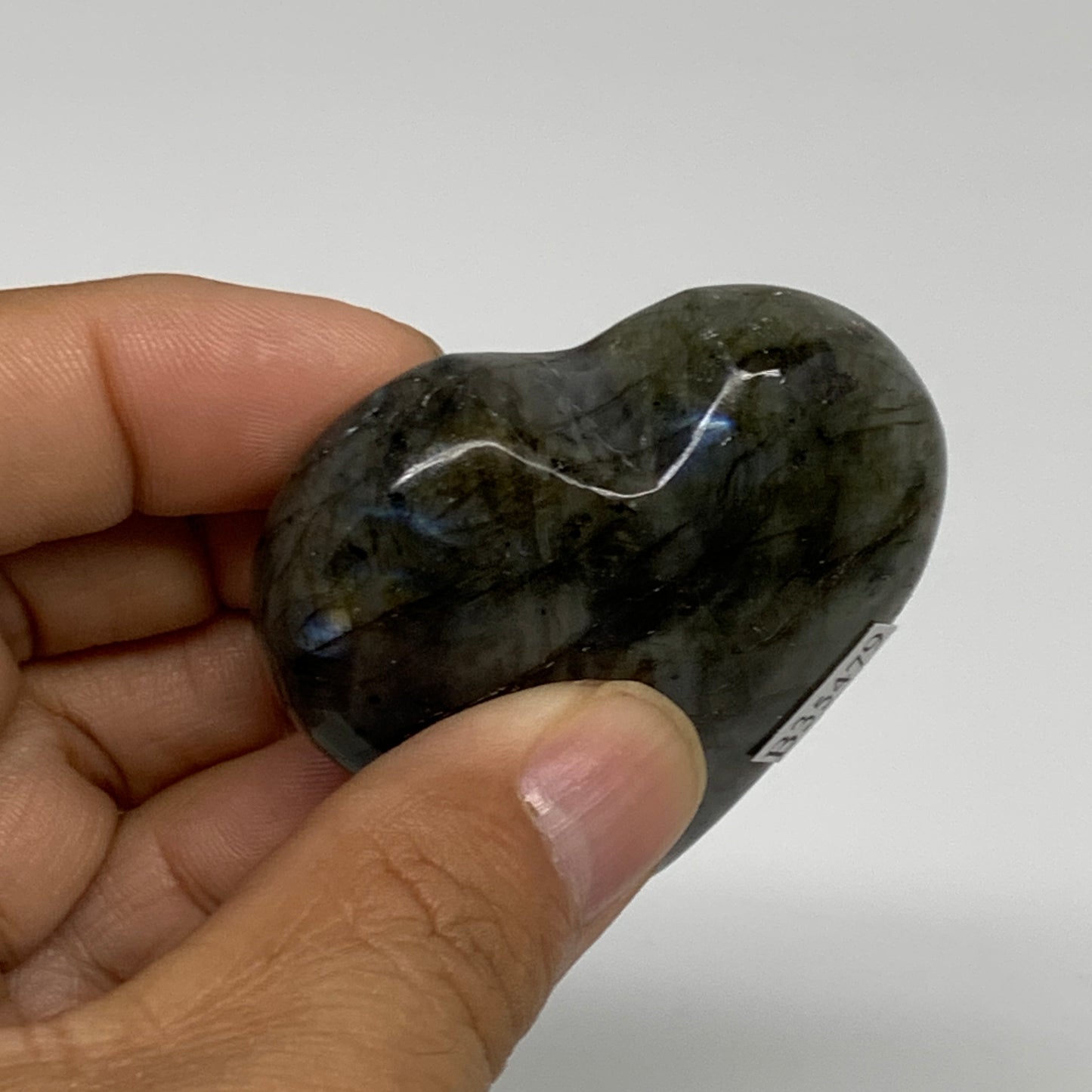 71.4g, 2"x2"x0.8", Natural Labradorite Heart Polished Crystal, B35479