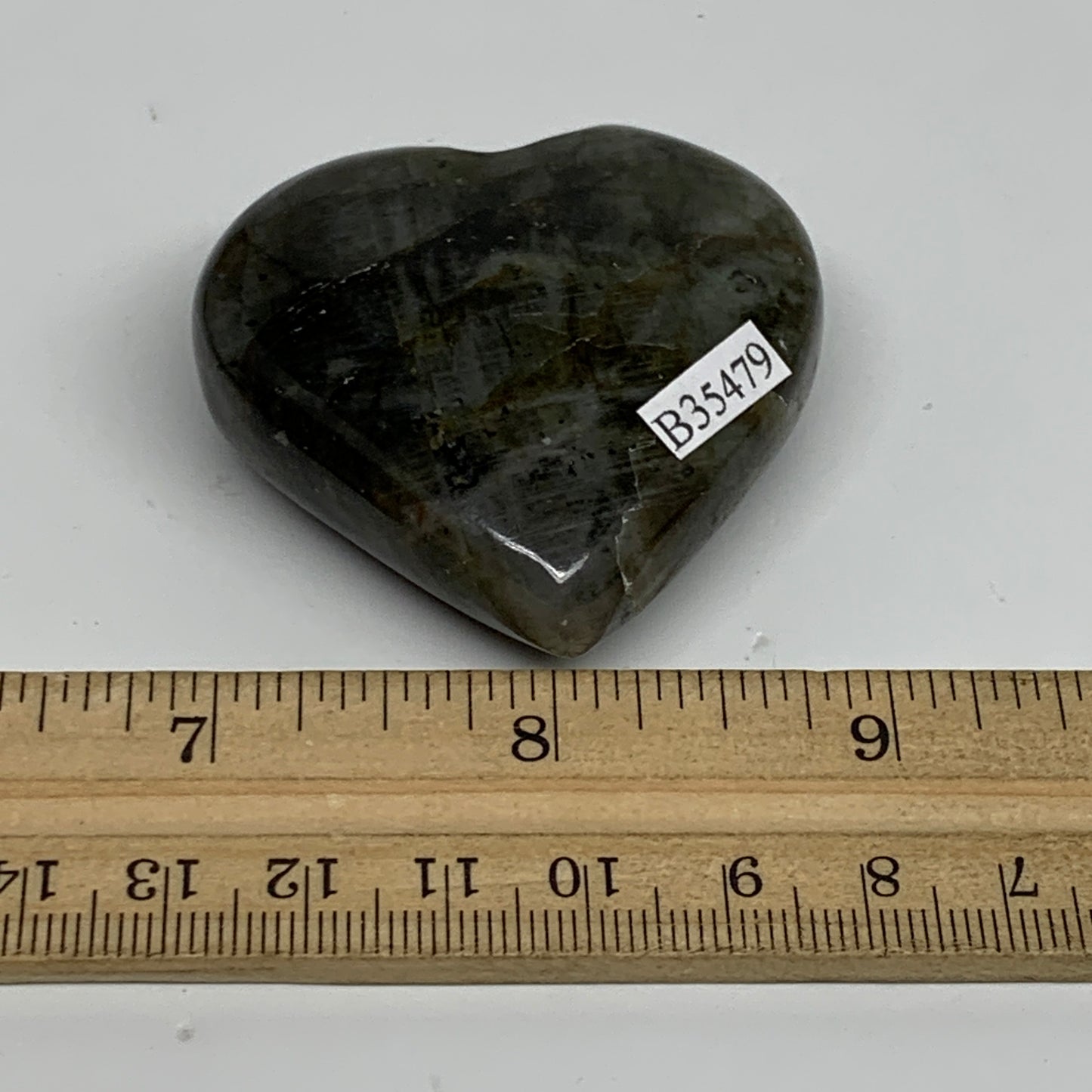 71.4g, 2"x2"x0.8", Natural Labradorite Heart Polished Crystal, B35479