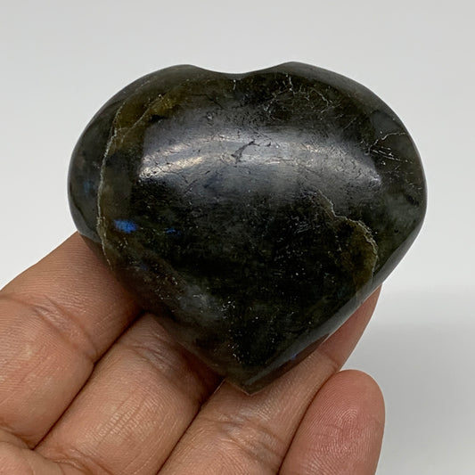 112.3g, 2.1"x2.3"x1.1", Natural Labradorite Heart Polished Crystal, B35484