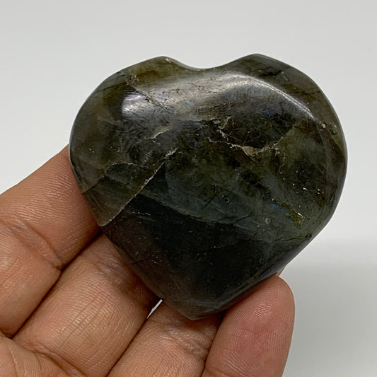 67.3g, 2"x2.1"x0.7", Natural Labradorite Heart Polished Crystal, B35487