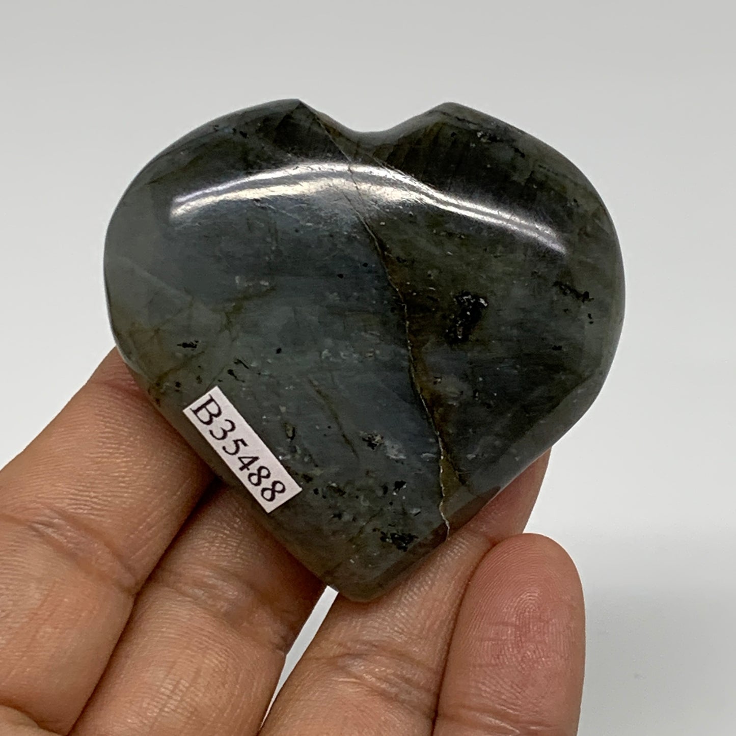 75.4g, 2.1"x2.2"x0.8", Natural Labradorite Heart Polished Crystal, B35488