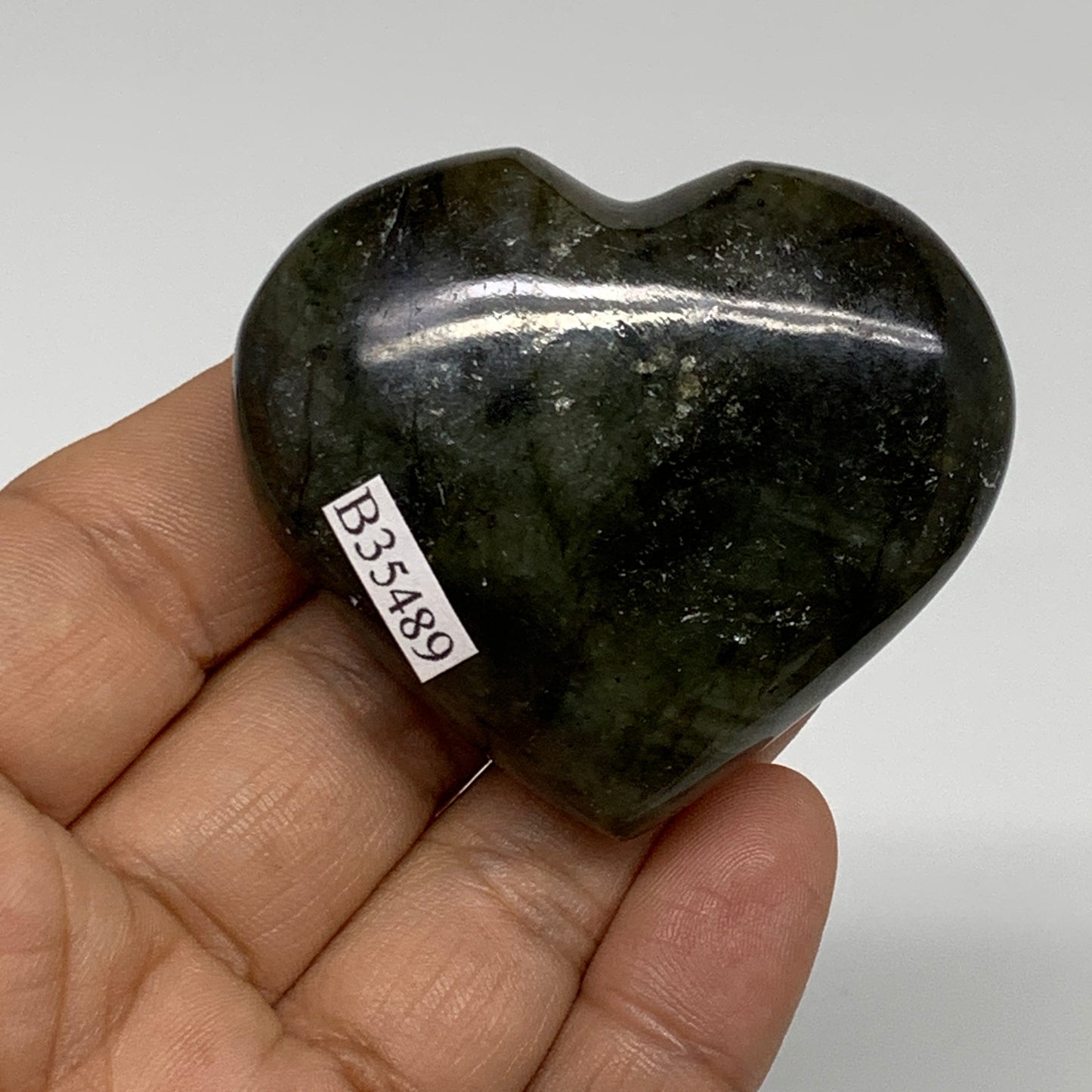 76.3g, 1.9"x2.2"x0.8", Natural Labradorite Heart Polished Crystal, B35489