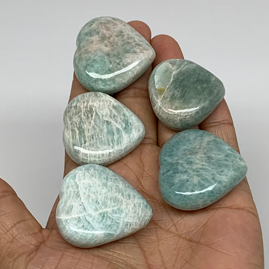 131.7g, 1.3"-1.4", 5pcs, Natural Amazonite Heart Polished Gemstone, B34724