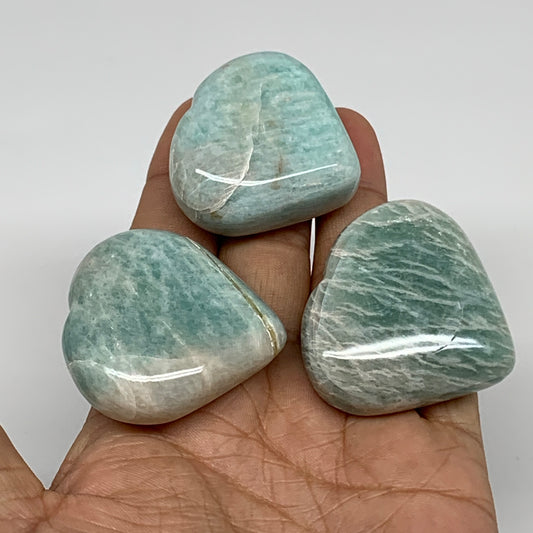 136g, 1.5"-1.6", 3pcs, Natural Amazonite Heart Polished Gemstone, B34726