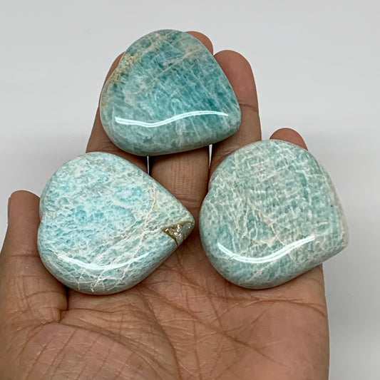 161.7g, 1.7"-1.8", 3pcs, Natural Amazonite Heart Polished Gemstone, B34729