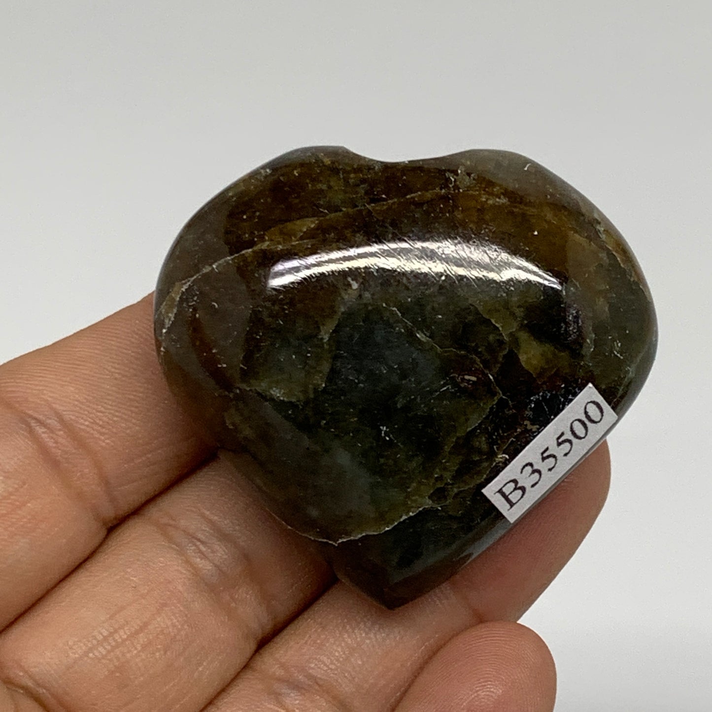 68.9g, 1.7"x1.9"x1", Natural Labradorite Heart Polished Crystal, B35500