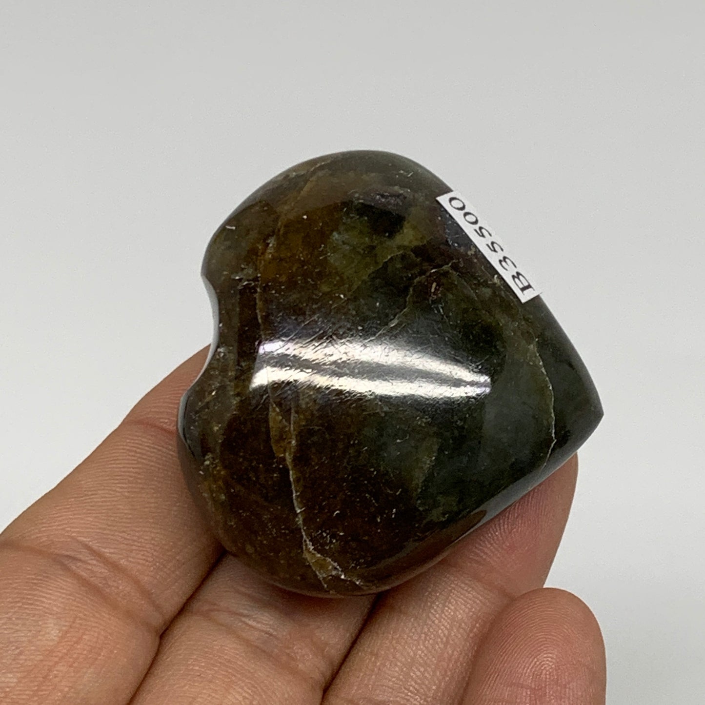 68.9g, 1.7"x1.9"x1", Natural Labradorite Heart Polished Crystal, B35500