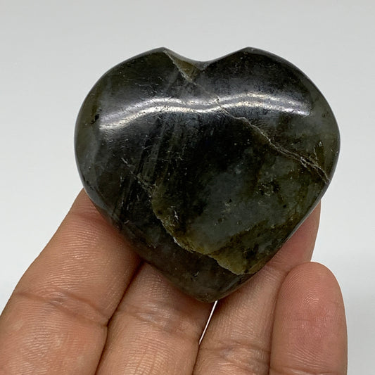 63.4g, 2"x2"x0.7", Natural Labradorite Heart Polished Crystal, B35503