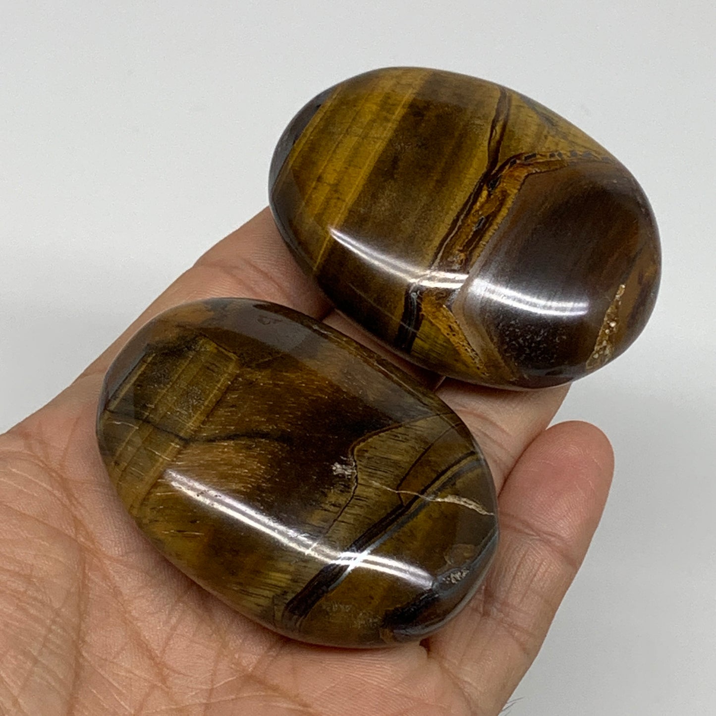 168.1g, 2.3"-2.3", 2pcs, Natural Tiger's Eye Palm-Stone Polished, B34816