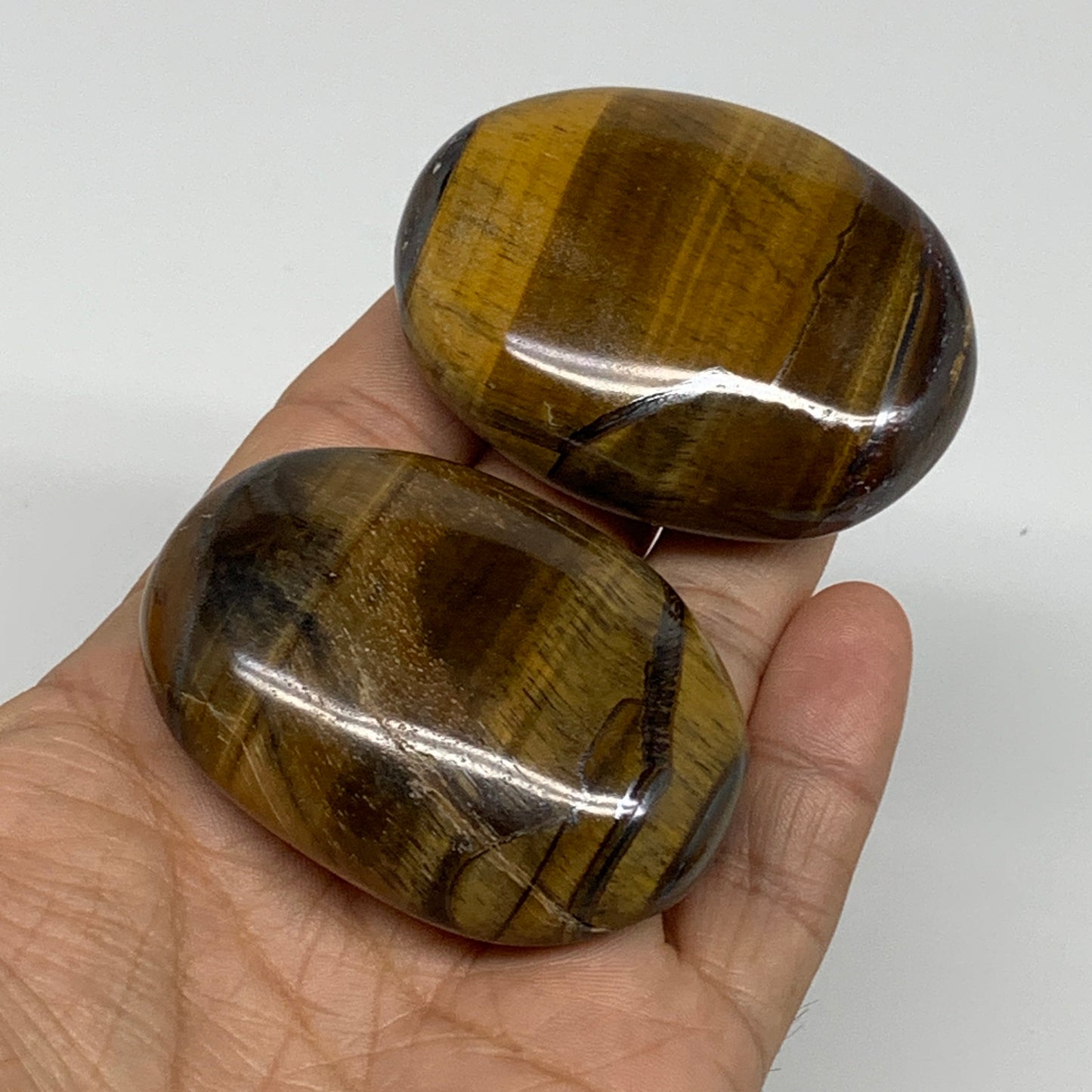 168.1g, 2.3"-2.3", 2pcs, Natural Tiger's Eye Palm-Stone Polished, B34816