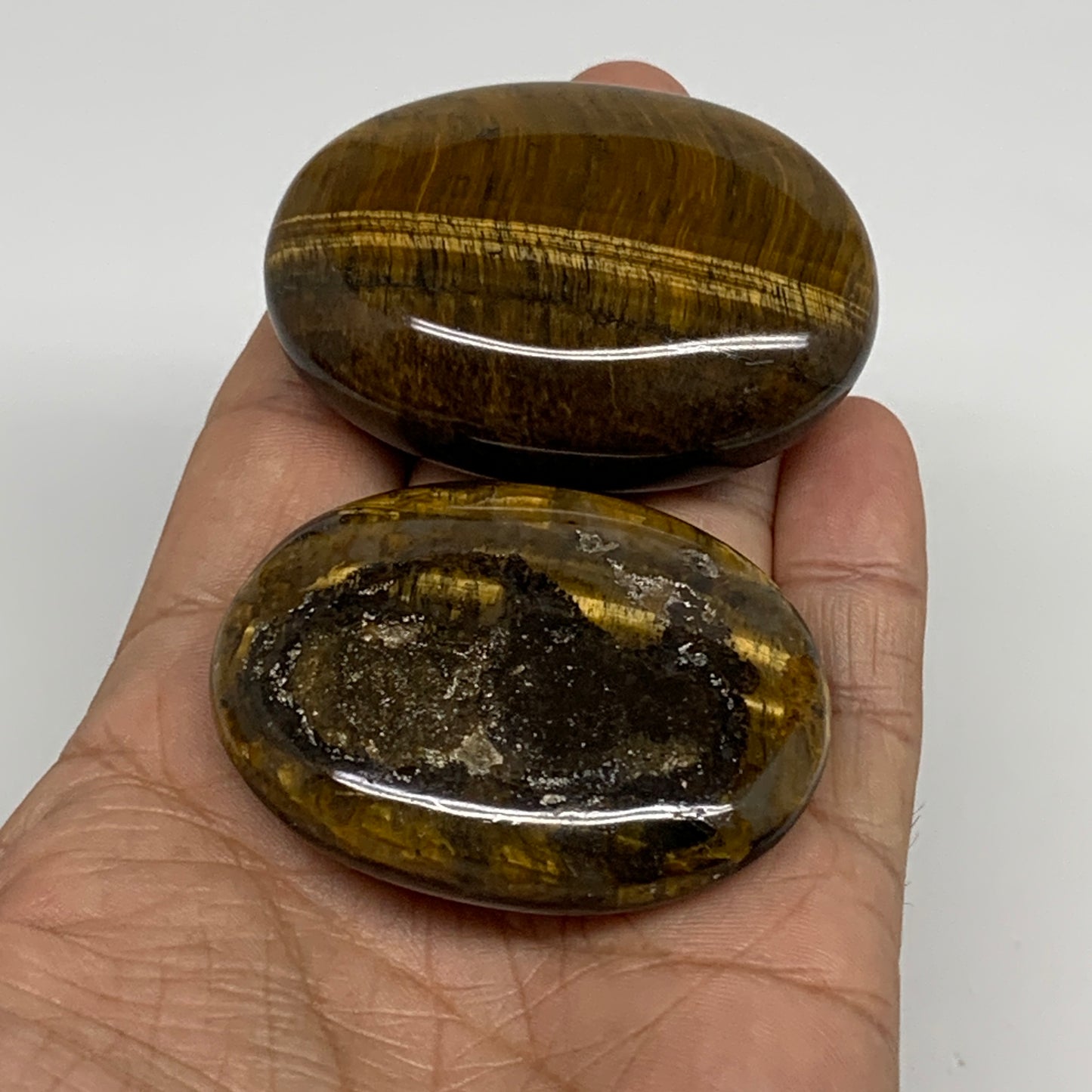 139.9g, 2.2"-2.3", 2pcs, Natural Tiger's Eye Palm-Stone Polished, B34824