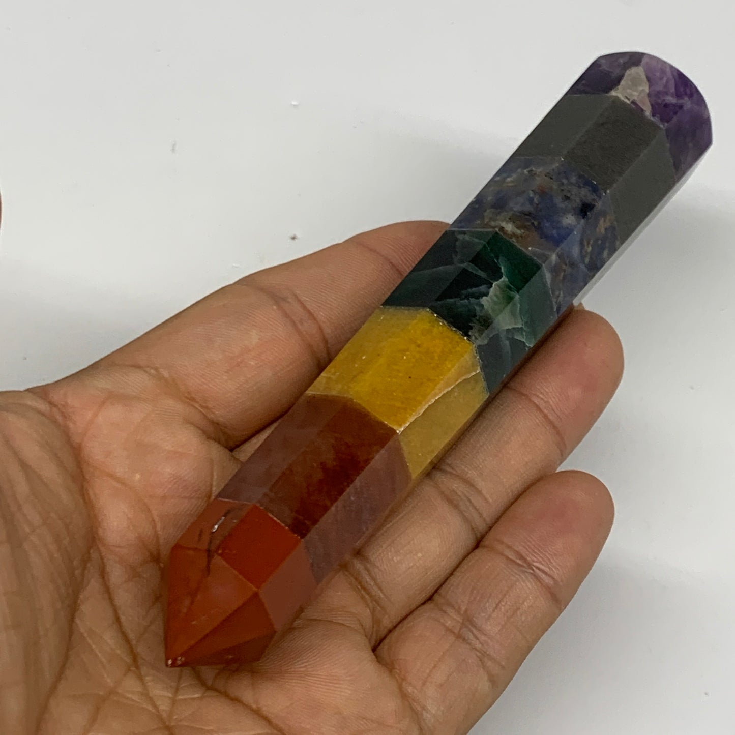 111.5g, 5.4"x0.9", 7 Chakra Point Wand Obelisk Point Crystal from India, B29103