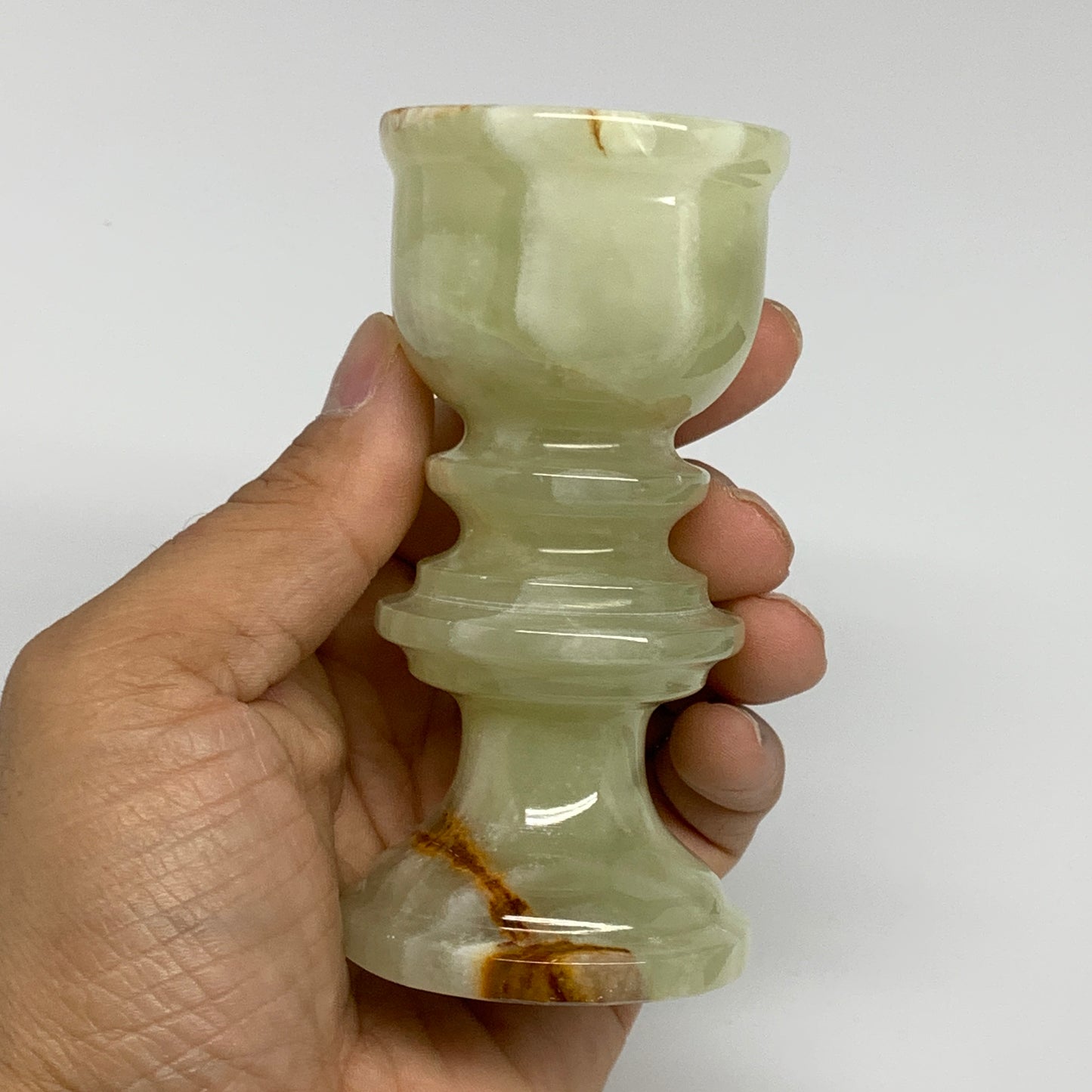 252g, 3.8"x1.9", Natural Green Onyx Candle Holder Gemstone Hand Carved, B32067