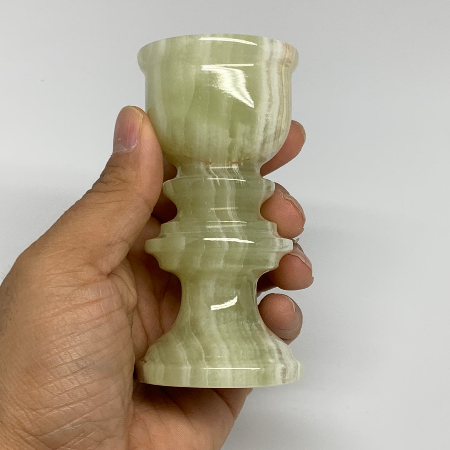 252g, 3.8"x1.9", Natural Green Onyx Candle Holder Gemstone Hand Carved, B32067