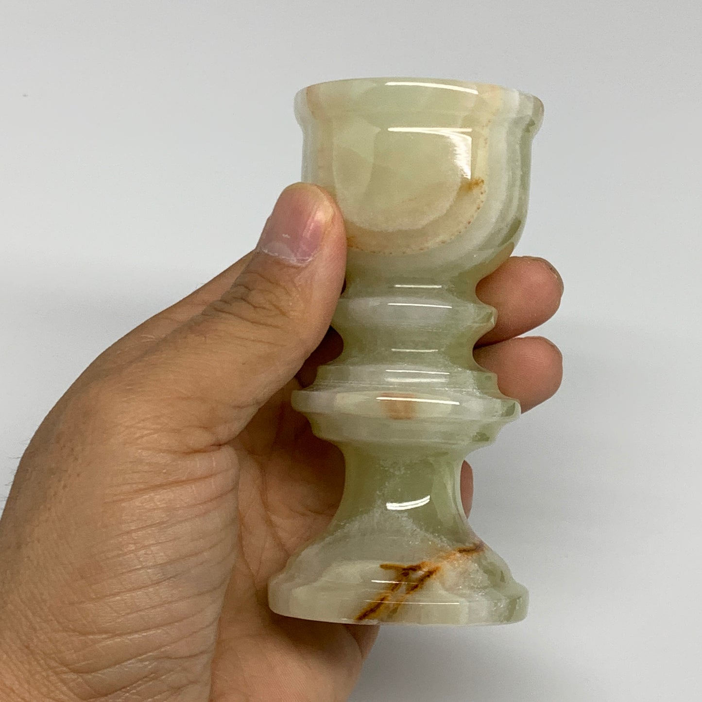 252g, 3.8"x1.9", Natural Green Onyx Candle Holder Gemstone Hand Carved, B32067