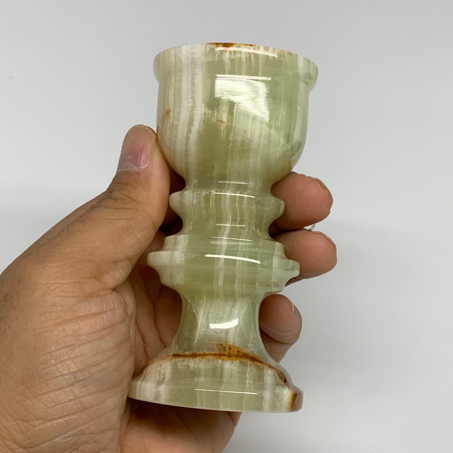 252g, 3.8"x1.9", Natural Green Onyx Candle Holder Gemstone Hand Carved, B32067