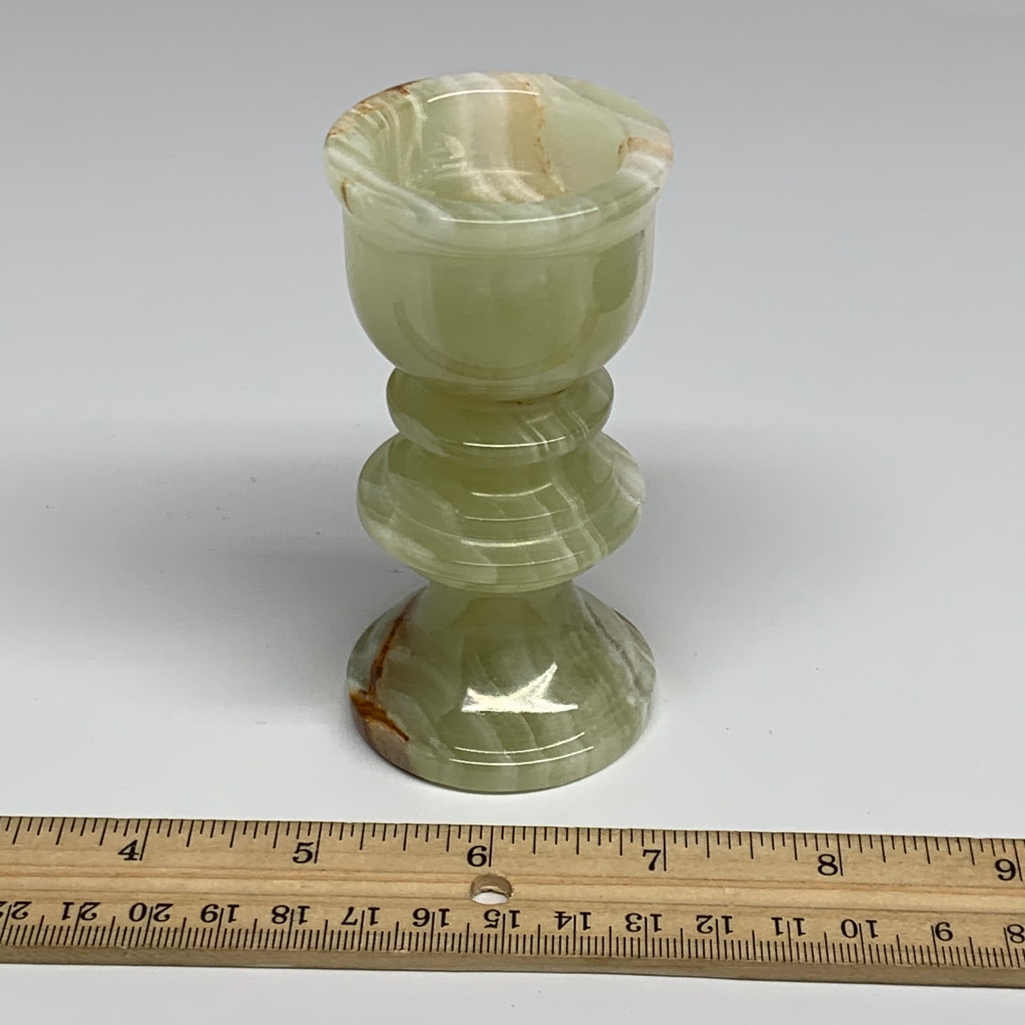 252g, 3.8"x1.9", Natural Green Onyx Candle Holder Gemstone Hand Carved, B32067