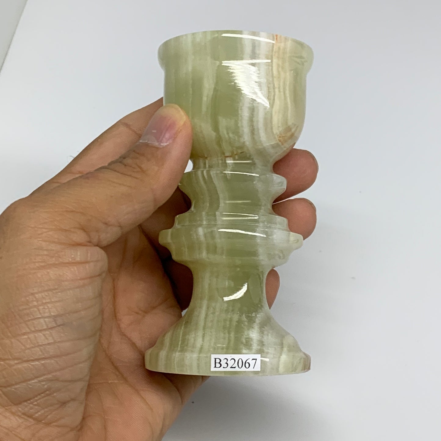 252g, 3.8"x1.9", Natural Green Onyx Candle Holder Gemstone Hand Carved, B32067