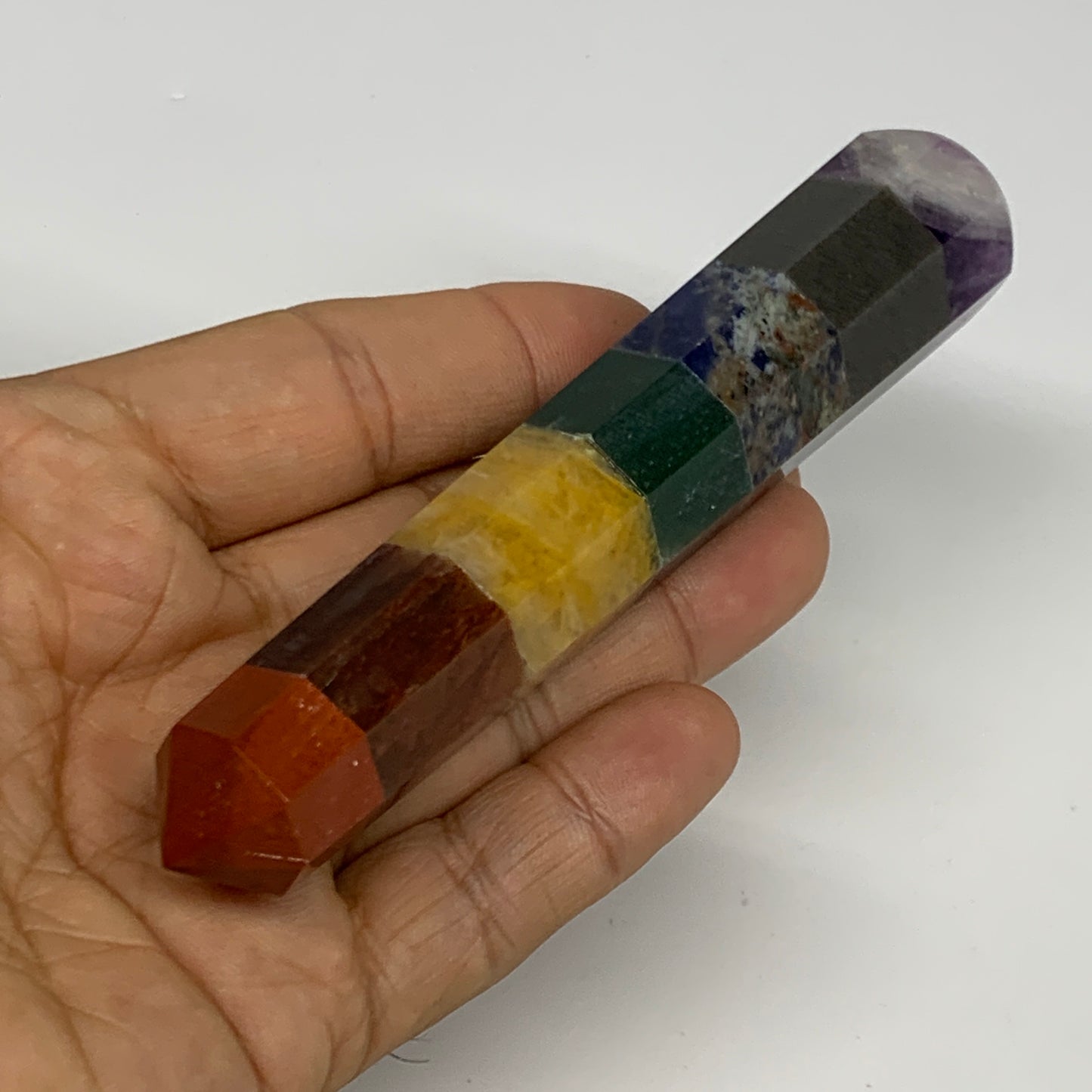 95.7g, 5"x1", 7 Chakra Point Wand Obelisk Point Crystal from India, B29110