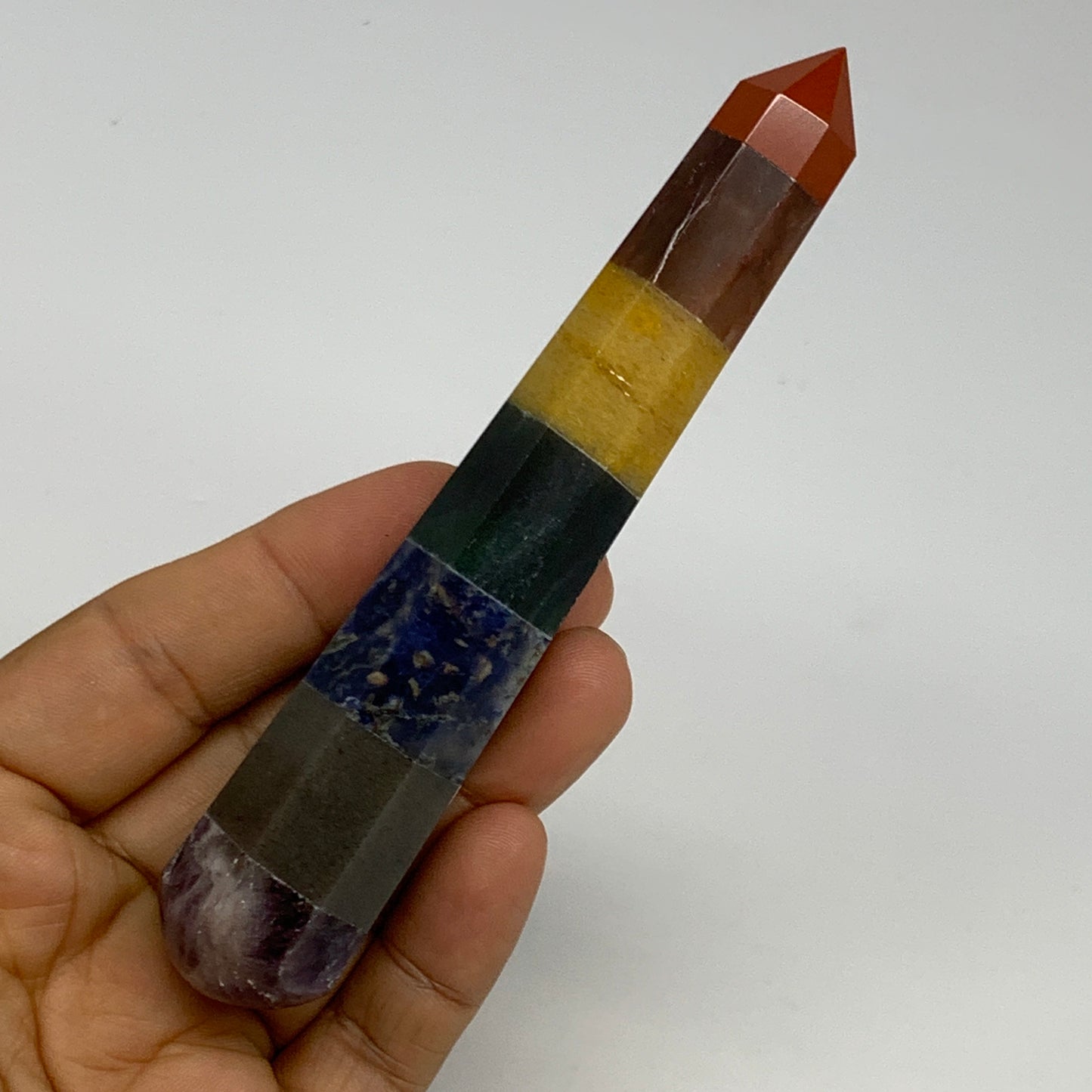 92.2g, 5"x0.9", 7 Chakra Point Wand Obelisk Point Crystal from India, B29111