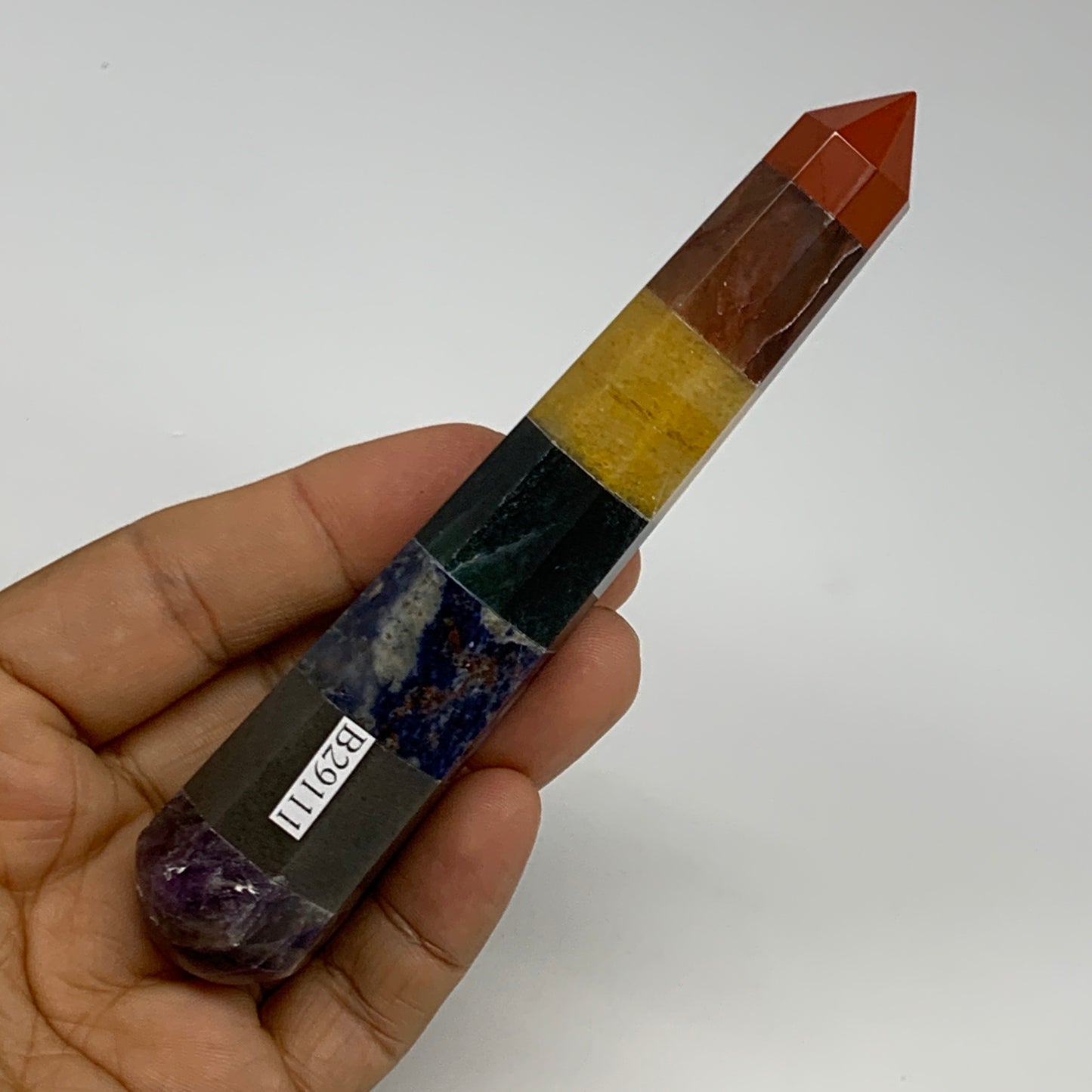 92.2g, 5"x0.9", 7 Chakra Point Wand Obelisk Point Crystal from India, B29111