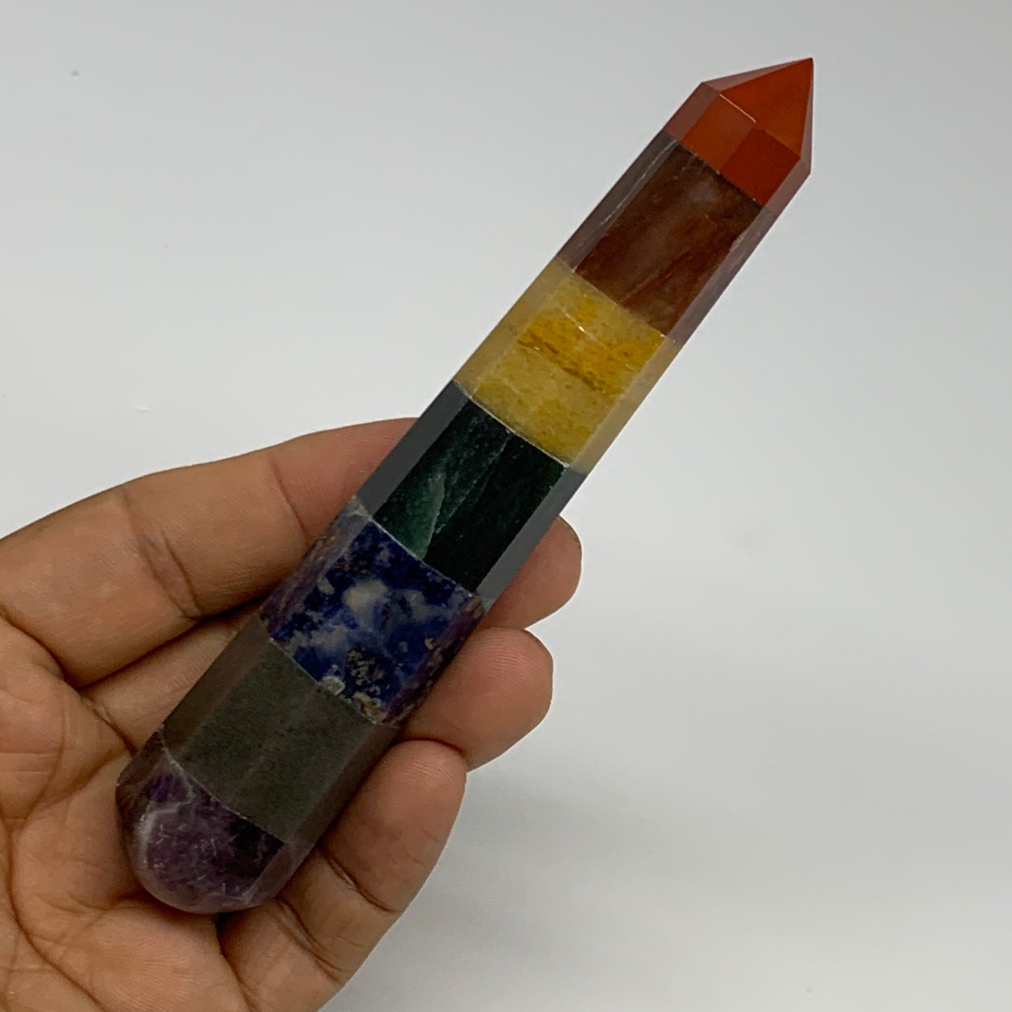 92.2g, 5"x0.9", 7 Chakra Point Wand Obelisk Point Crystal from India, B29111