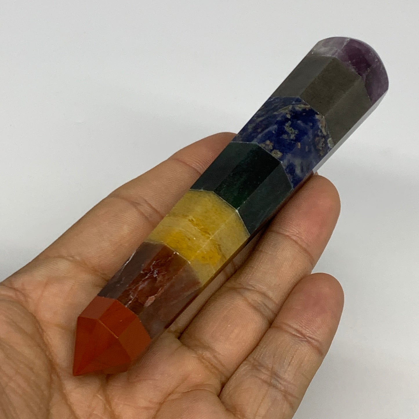 92.2g, 5"x0.9", 7 Chakra Point Wand Obelisk Point Crystal from India, B29111