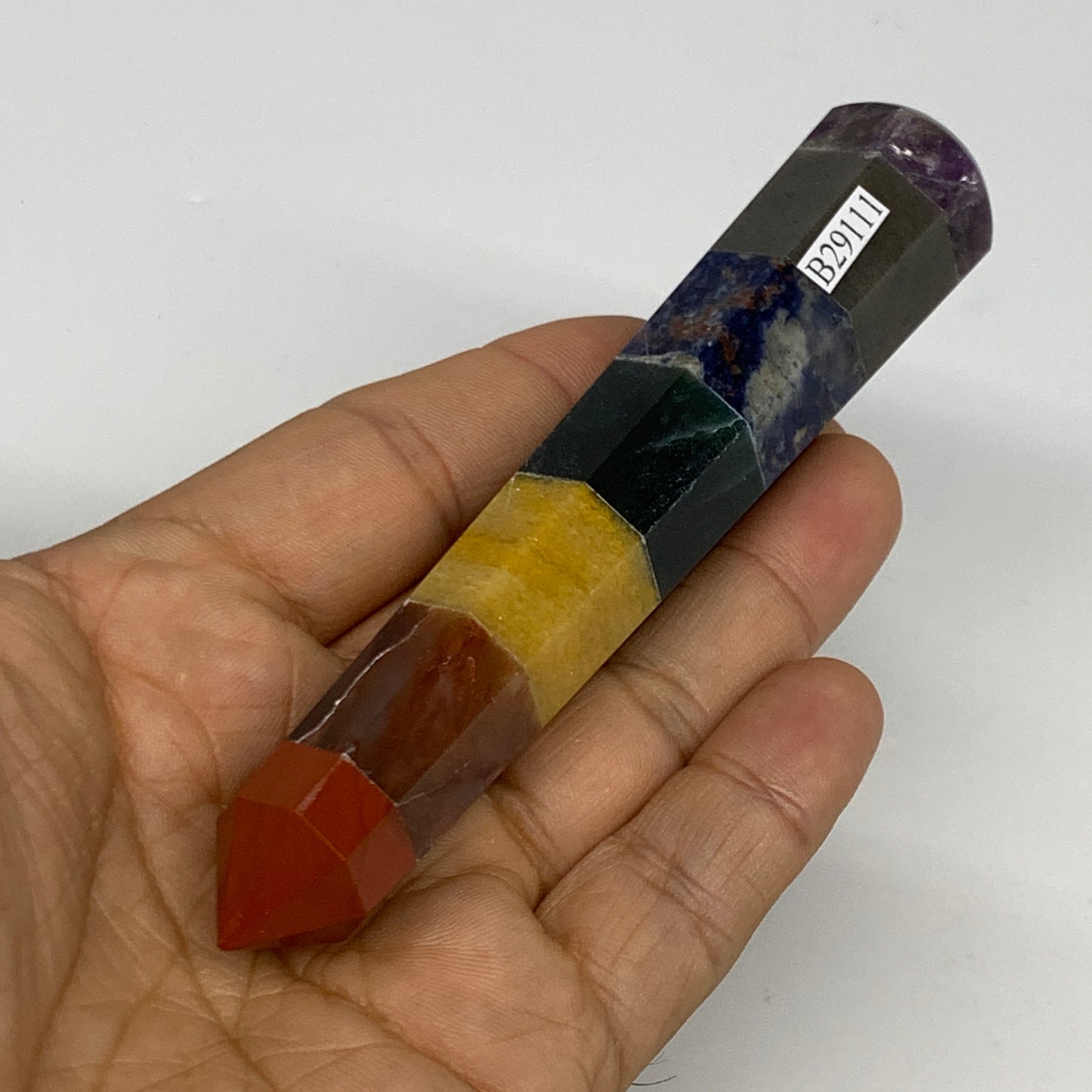 92.2g, 5"x0.9", 7 Chakra Point Wand Obelisk Point Crystal from India, B29111