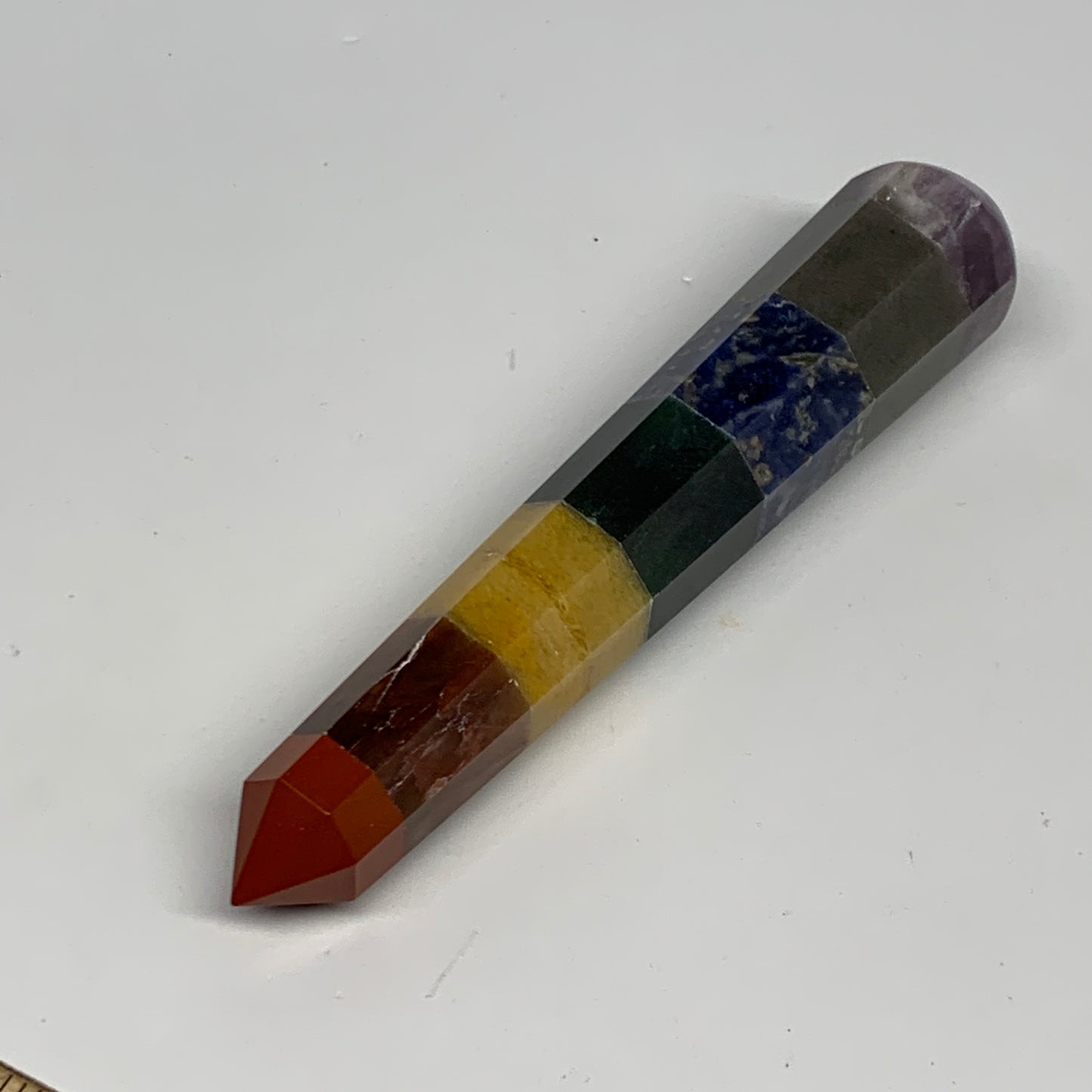 92.2g, 5"x0.9", 7 Chakra Point Wand Obelisk Point Crystal from India, B29111