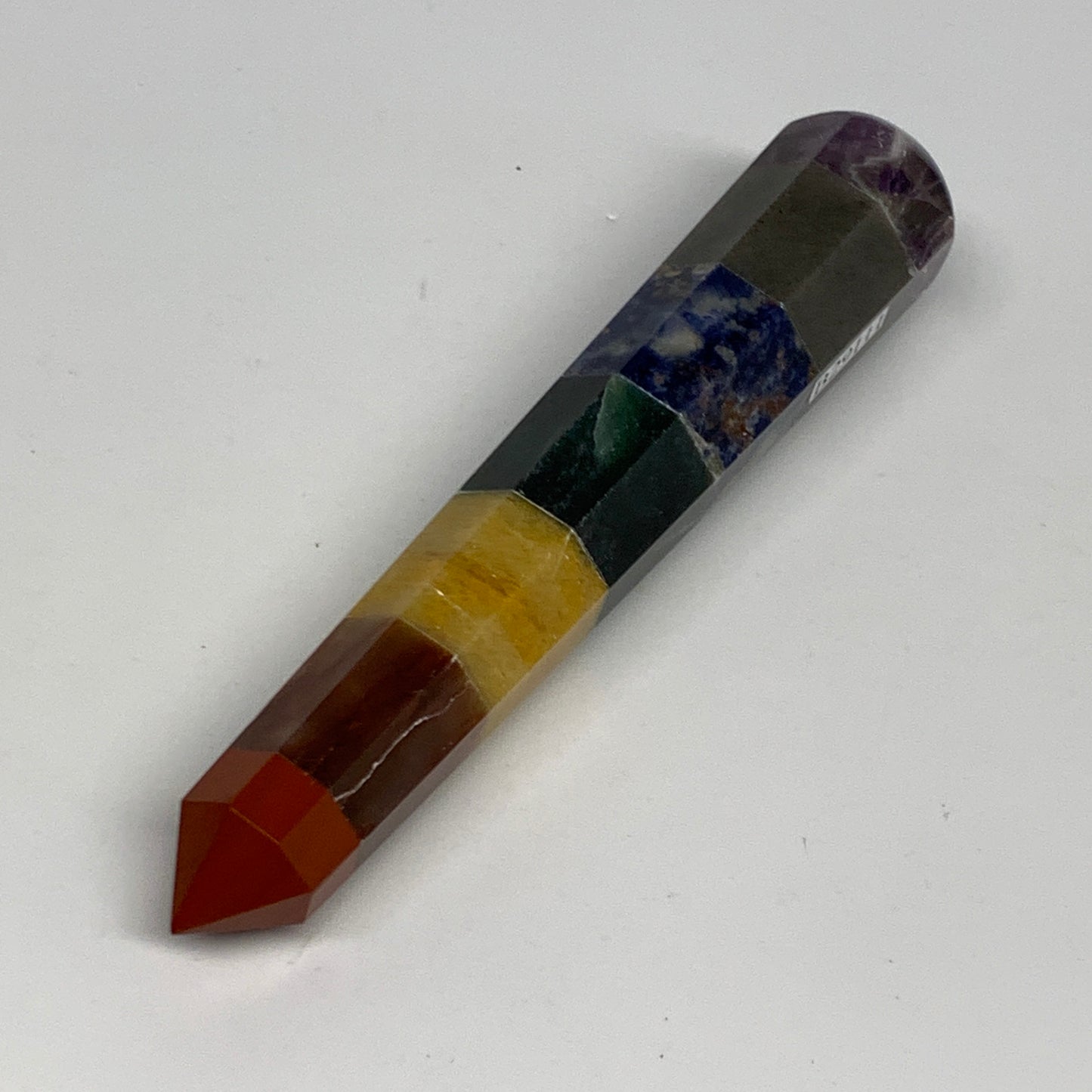 92.2g, 5"x0.9", 7 Chakra Point Wand Obelisk Point Crystal from India, B29111