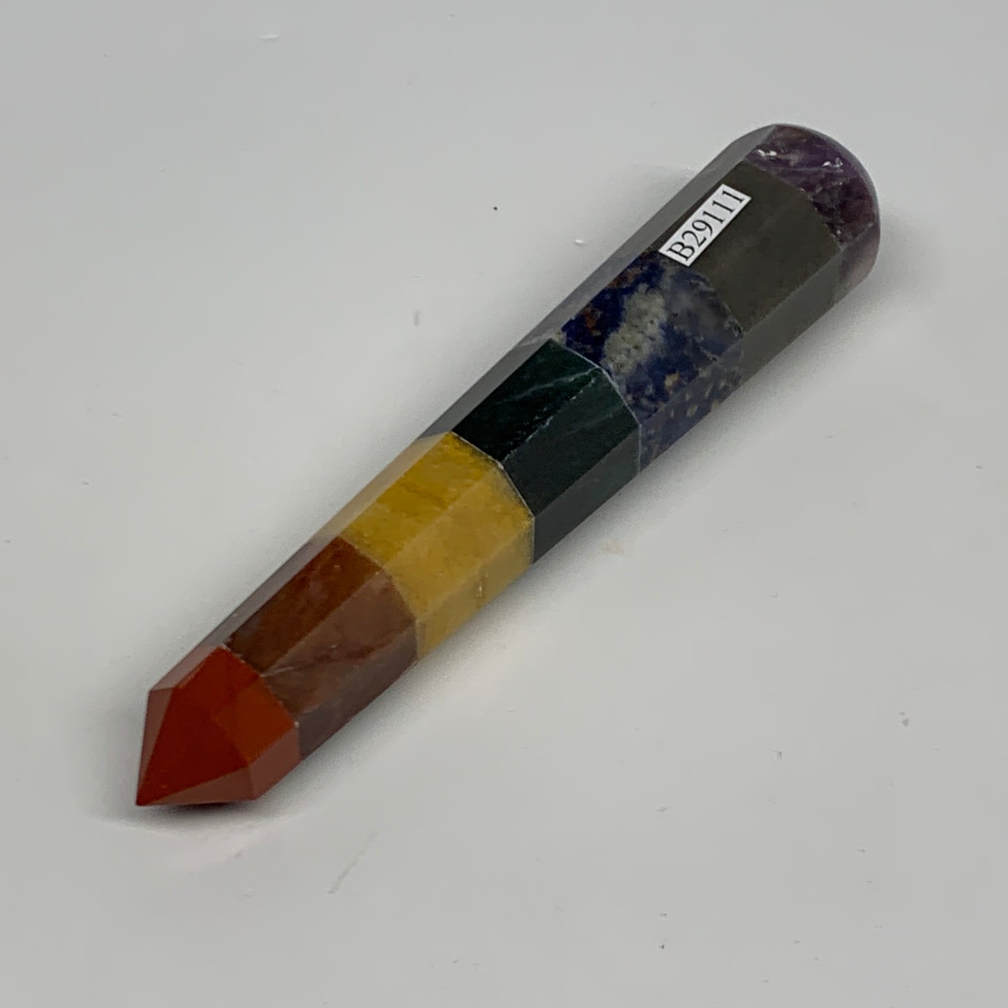 92.2g, 5"x0.9", 7 Chakra Point Wand Obelisk Point Crystal from India, B29111