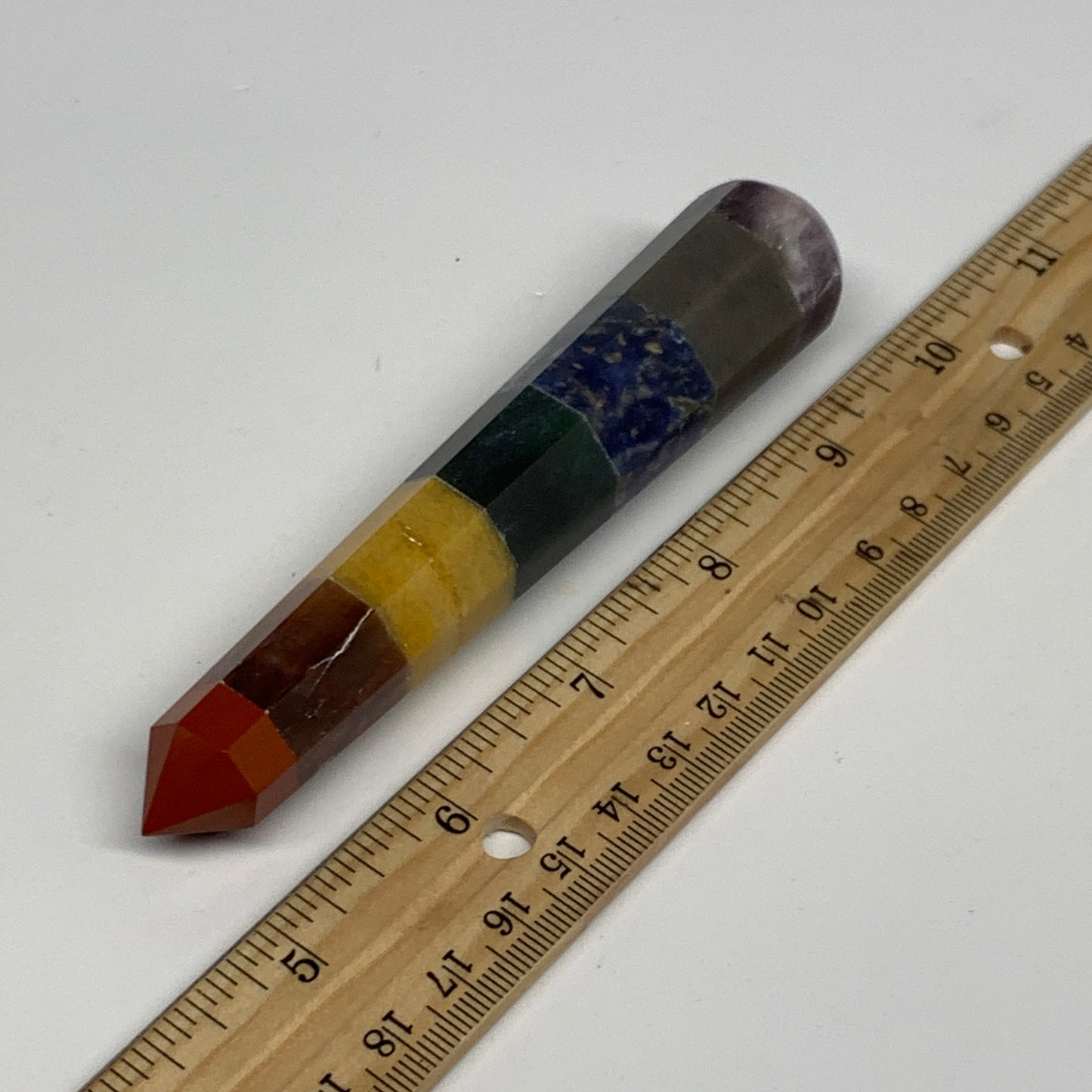 92.2g, 5"x0.9", 7 Chakra Point Wand Obelisk Point Crystal from India, B29111