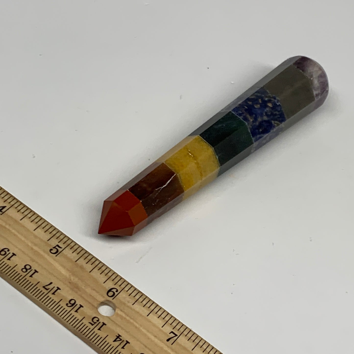 92.2g, 5"x0.9", 7 Chakra Point Wand Obelisk Point Crystal from India, B29111