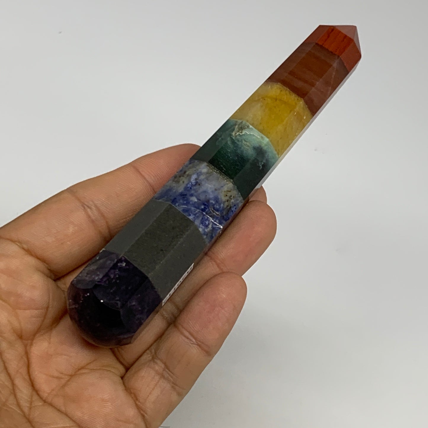 99g, 5.1"x0.9", 7 Chakra Point Wand Obelisk Point Crystal from India, B29112