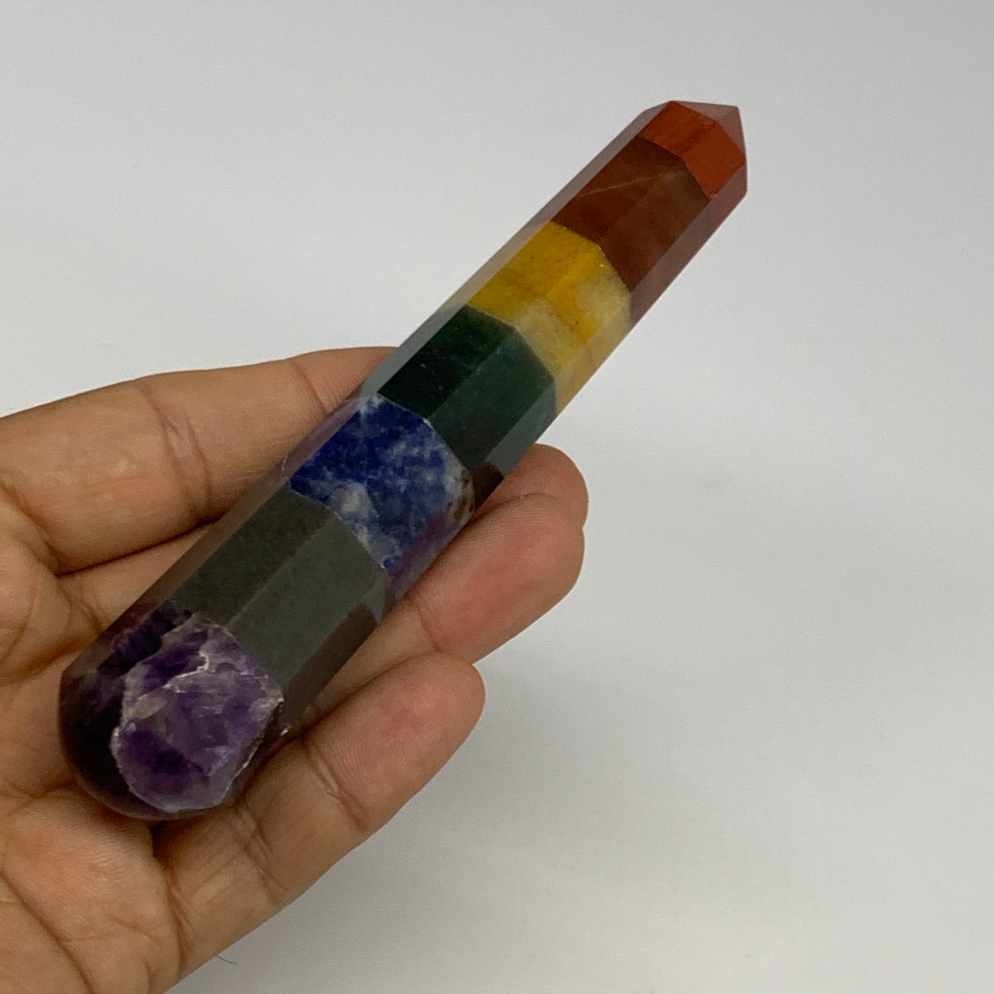 99g, 5.1"x0.9", 7 Chakra Point Wand Obelisk Point Crystal from India, B29112