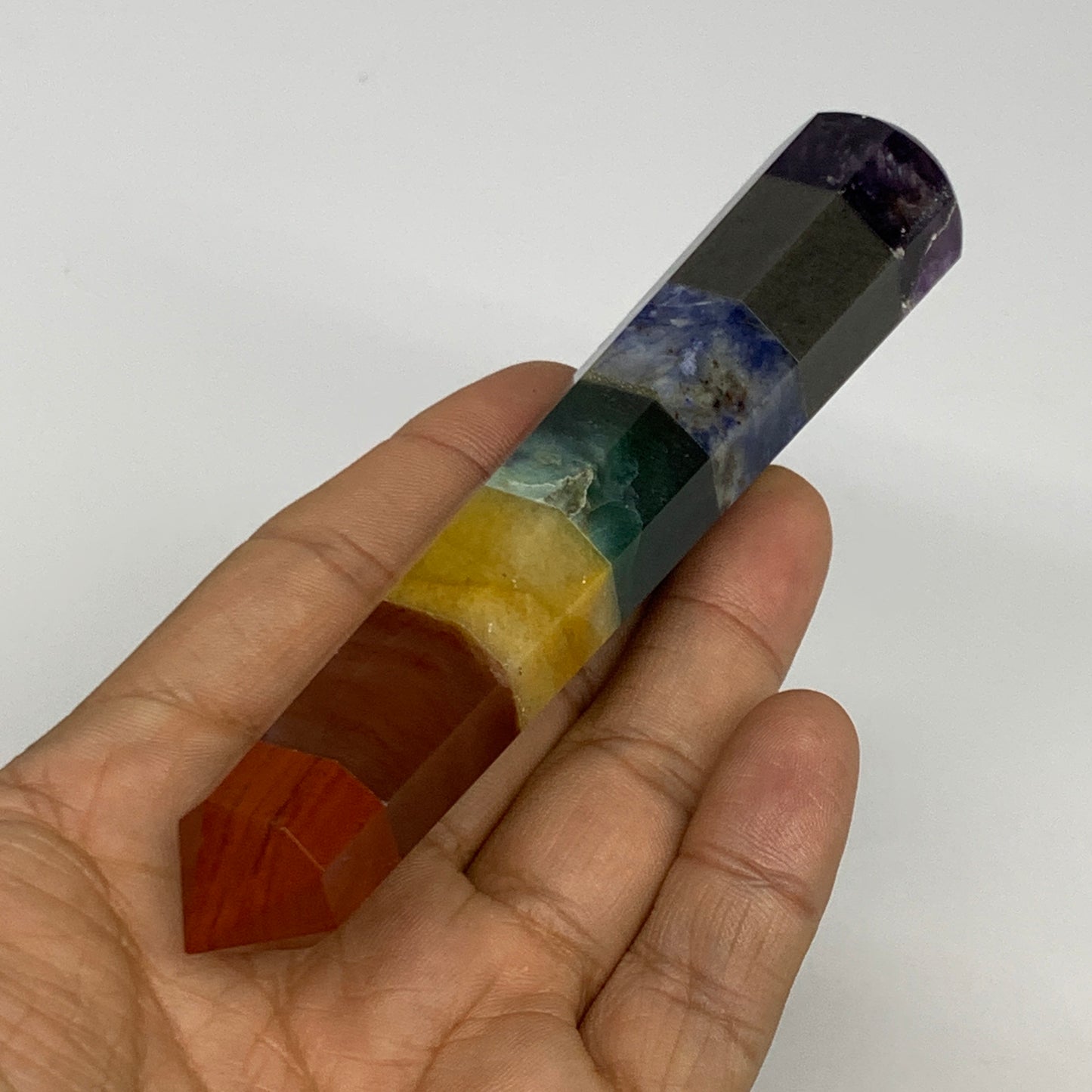 99g, 5.1"x0.9", 7 Chakra Point Wand Obelisk Point Crystal from India, B29112