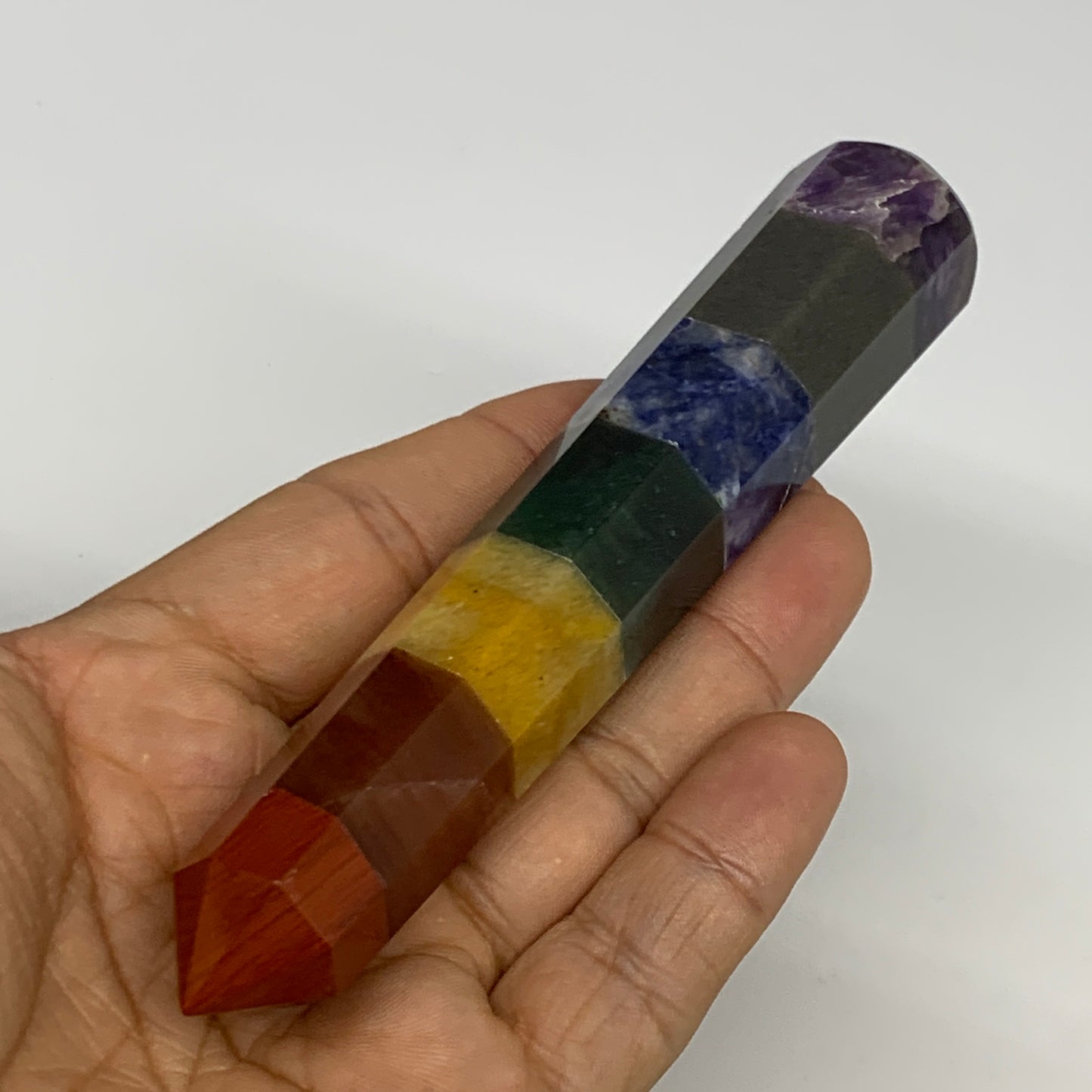 99g, 5.1"x0.9", 7 Chakra Point Wand Obelisk Point Crystal from India, B29112