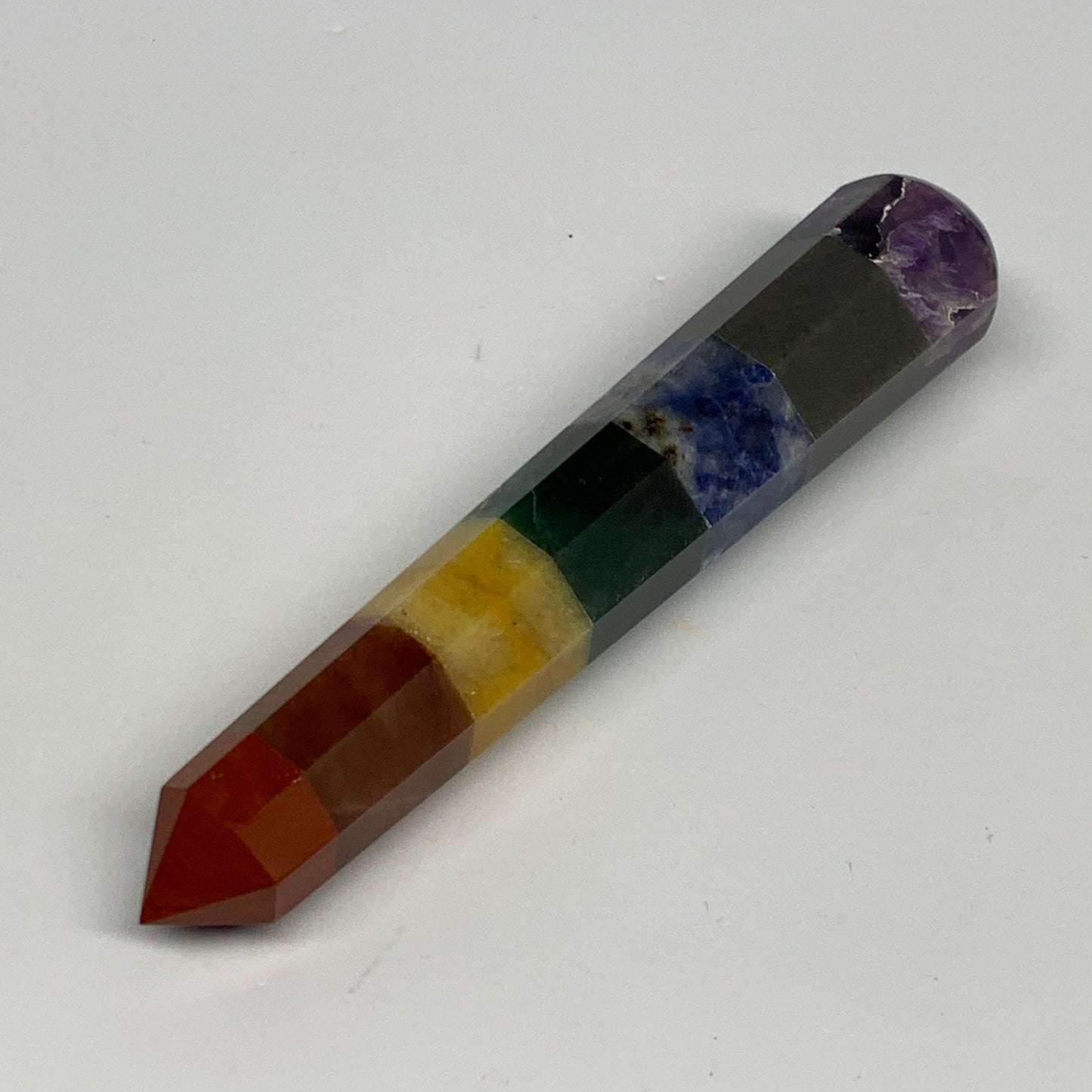 99g, 5.1"x0.9", 7 Chakra Point Wand Obelisk Point Crystal from India, B29112