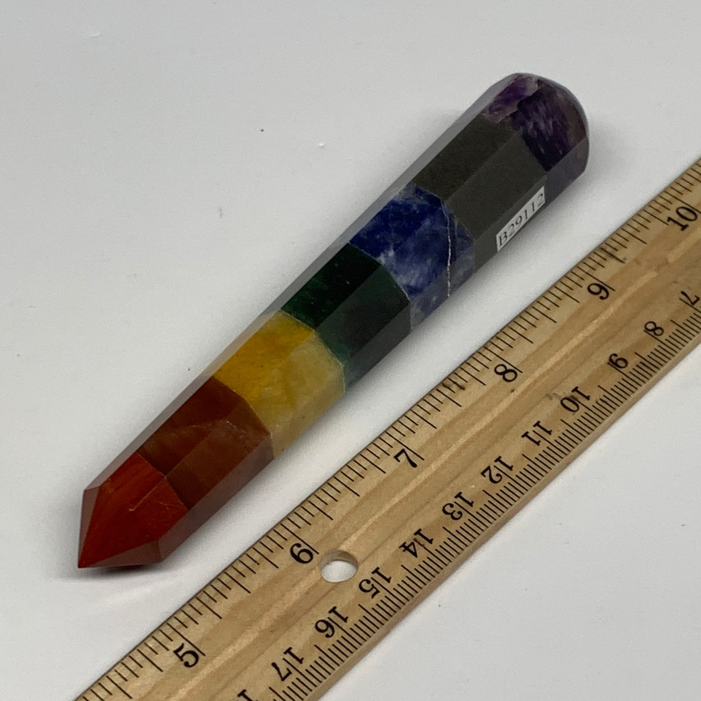 99g, 5.1"x0.9", 7 Chakra Point Wand Obelisk Point Crystal from India, B29112