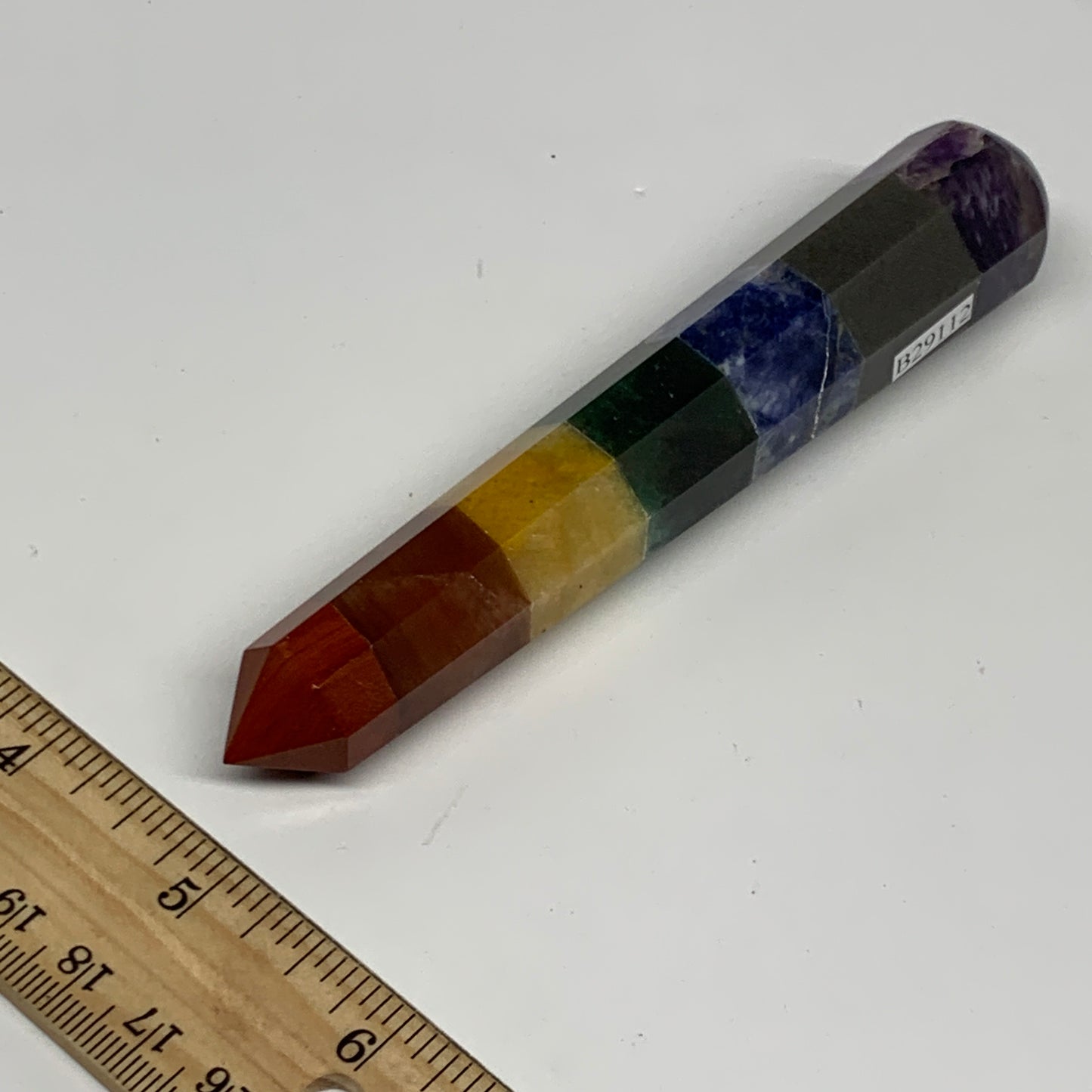 99g, 5.1"x0.9", 7 Chakra Point Wand Obelisk Point Crystal from India, B29112