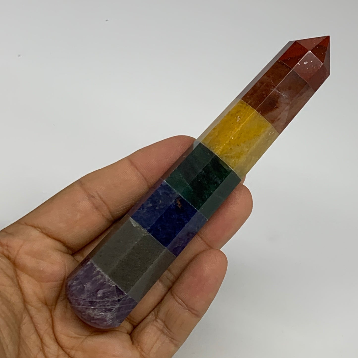 106.4g, 5.1"x0.9", 7 Chakra Point Wand Obelisk Point Crystal from India, B29113