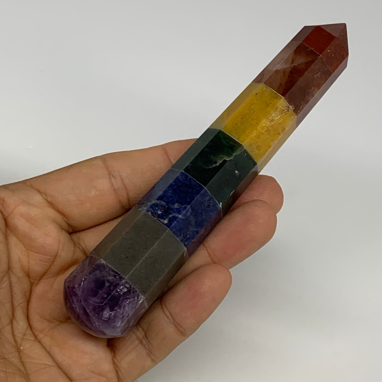 106.4g, 5.1"x0.9", 7 Chakra Point Wand Obelisk Point Crystal from India, B29113