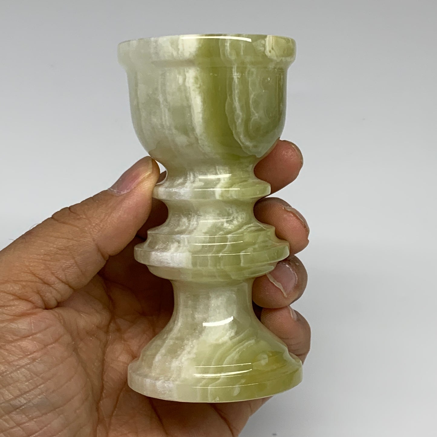 247g, 3.7"x1.9", Natural Green Onyx Candle Holder Gemstone Hand Carved, B32109