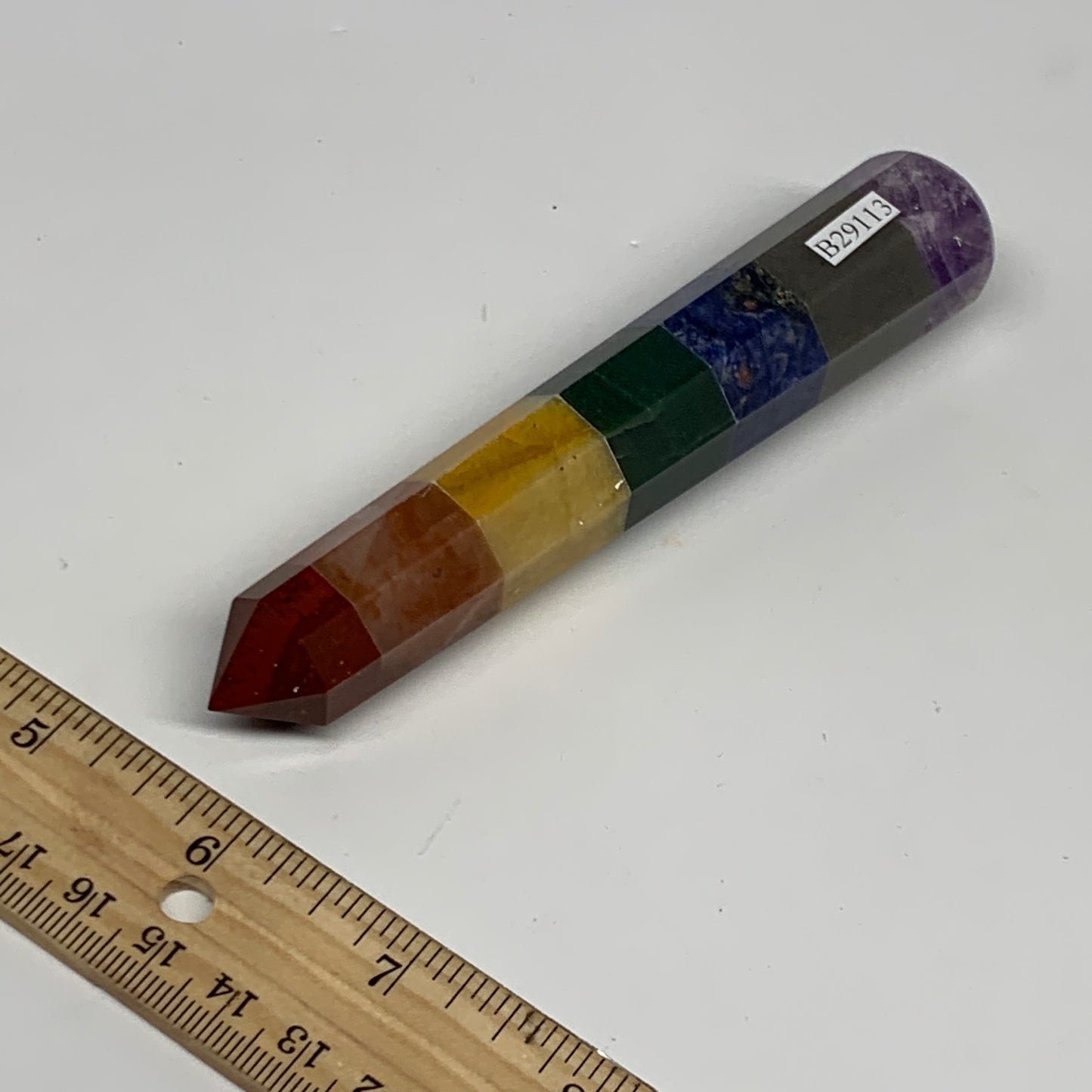 106.4g, 5.1"x0.9", 7 Chakra Point Wand Obelisk Point Crystal from India, B29113